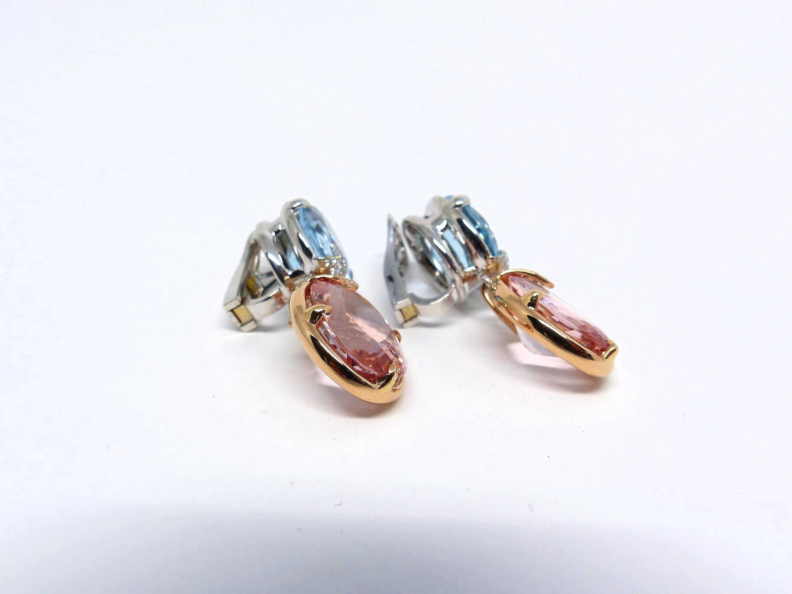 Earrings in White/Red Gold with 2 Aquamarines and 2 Morganites and Diamonds. In New Condition For Sale In Idar-Oberstein, DE