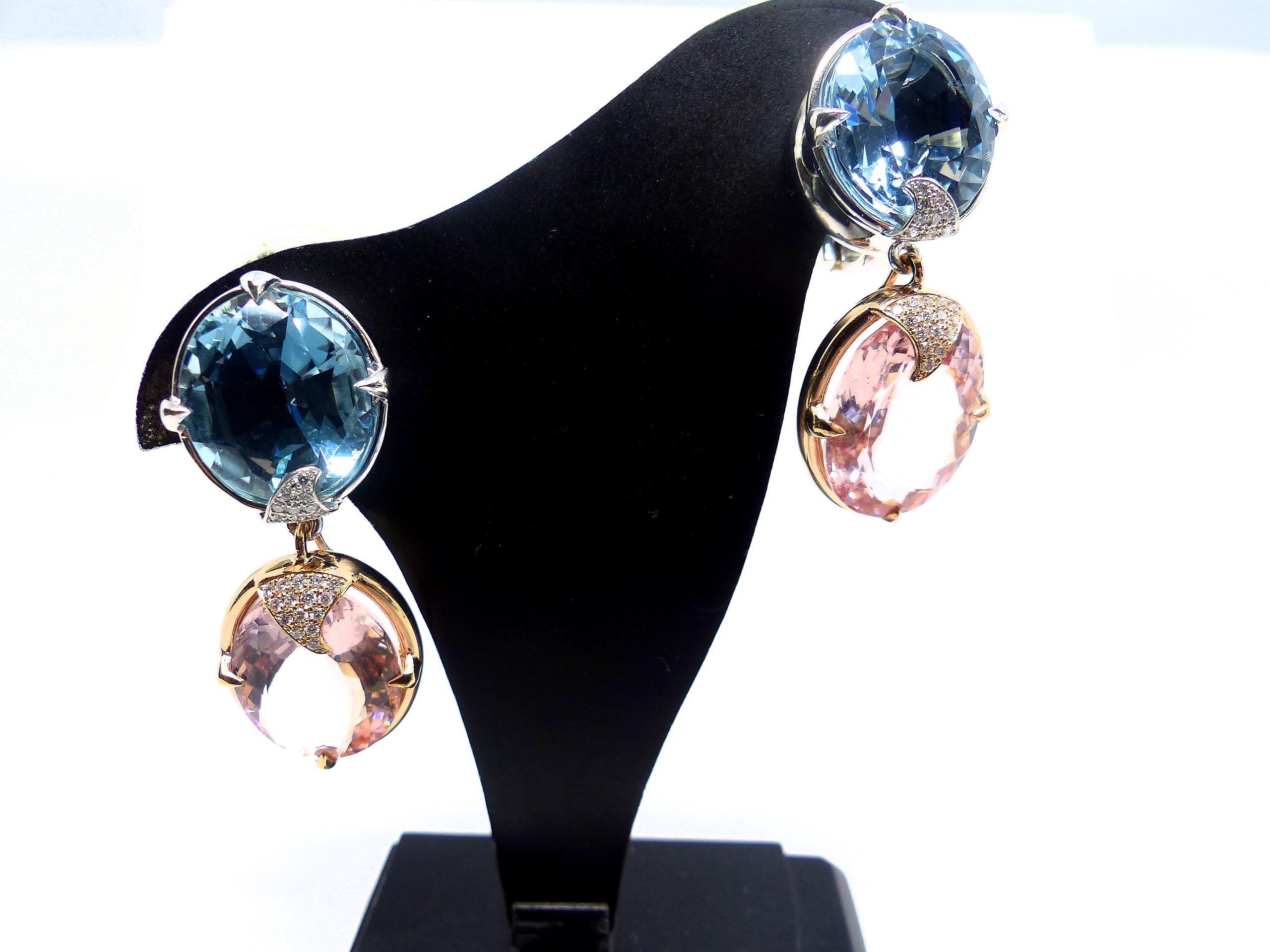 Women's Earrings in White/Red Gold with 2 Aquamarines and 2 Morganites and Diamonds. For Sale