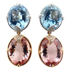 Orecchini in oro bianco/rosso con 2 acquamarine, 2 morganiti e diamanti.
