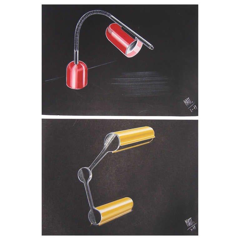 Paper 1979 Italian Design Drawing/Sketch for a Modern Green Desk Light by Mattioli