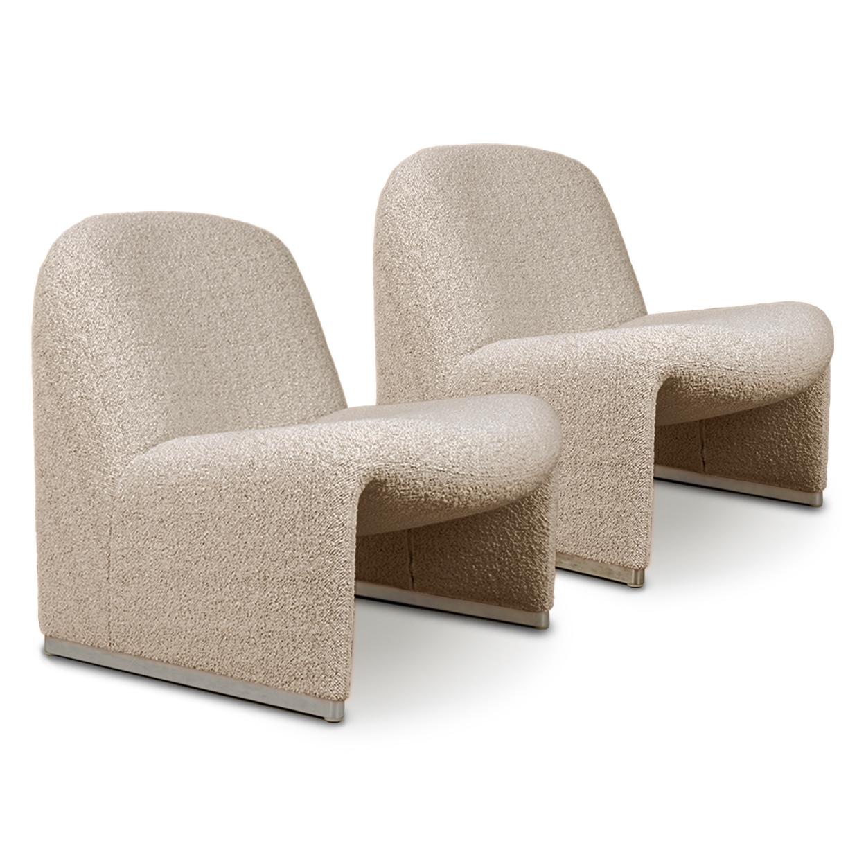 One Giancarlo Piretti designed lounge “Alky” chair newly upholstered in a high-end Bouclé taupe fabric by Dedar - Karakorum 003- (42% wool, 33% viscose) 24% cotton. Aluminum frame and polished chrome foot rests. Beautiful organic curves reminiscent