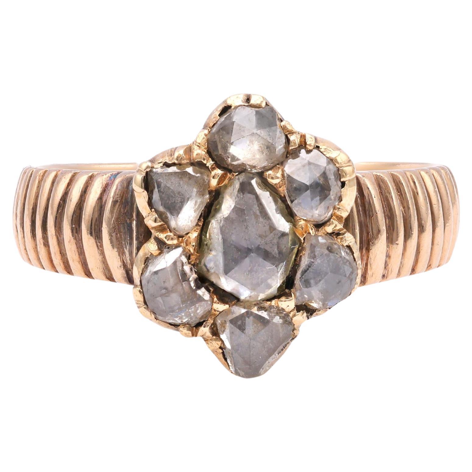 One Antique Austro-Hungarian Diamond 14k Rose Gold Cluster Ring For Sale