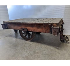 One Antique Wood Iron Industrial Rolling Cart