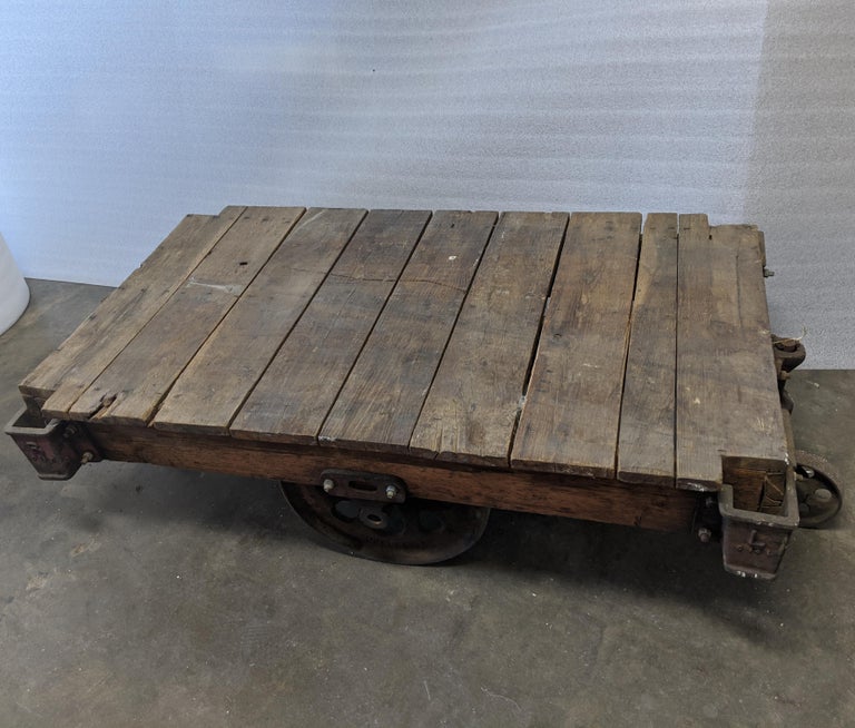 European One Antique Wood Iron Industrial Rolling Cart For Sale