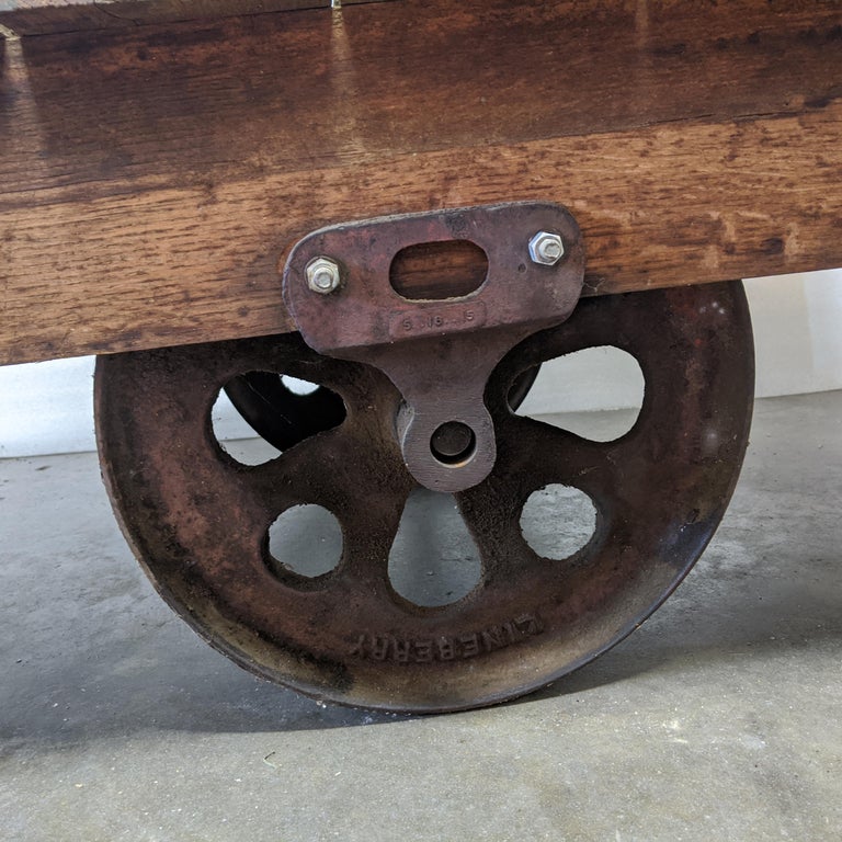 One Antique Wood Iron Industrial Rolling Cart For Sale 2
