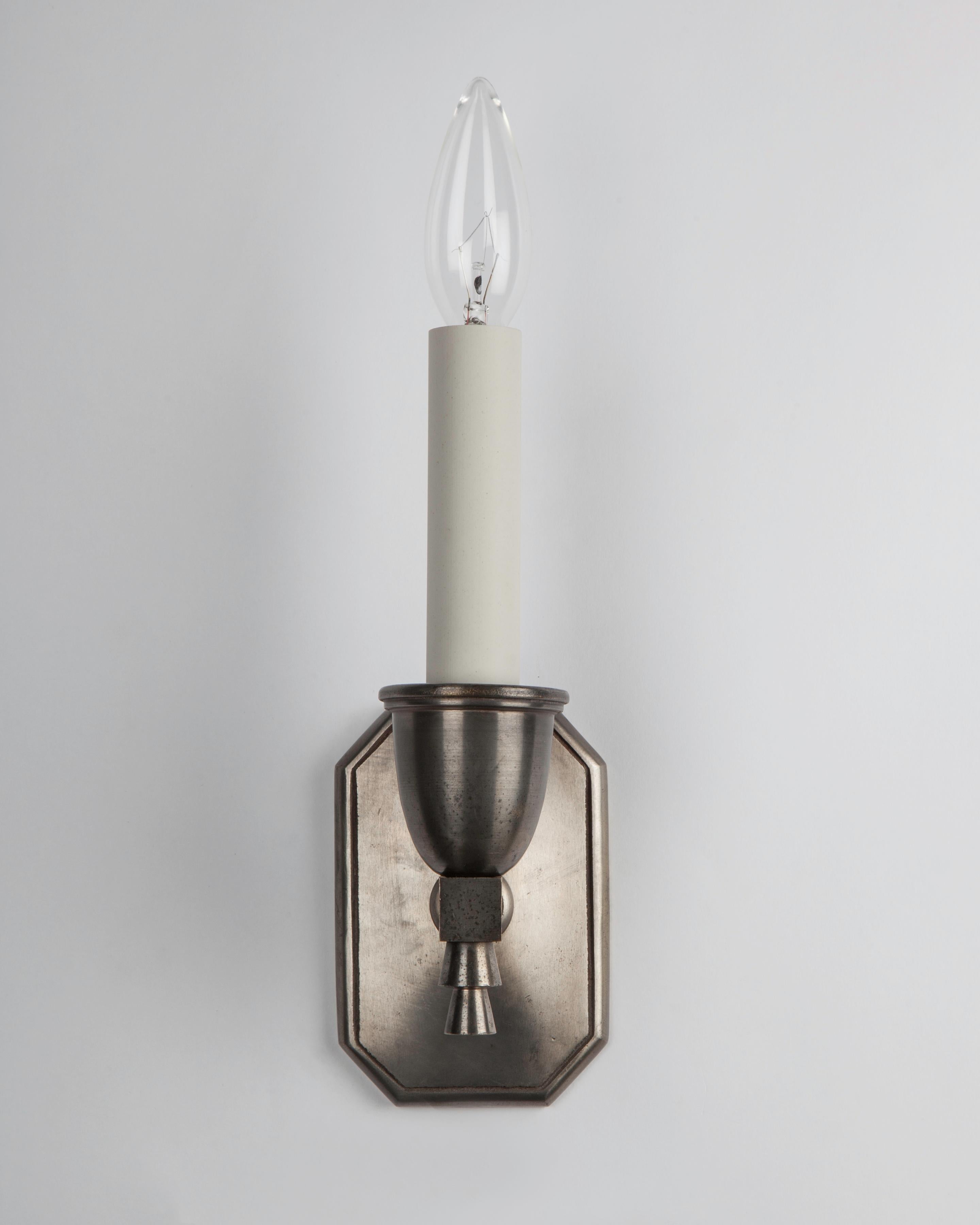 American One Arm Art Deco Sconces by Bradley and Hubbard in Aged Nickel, Circa 1930 For Sale