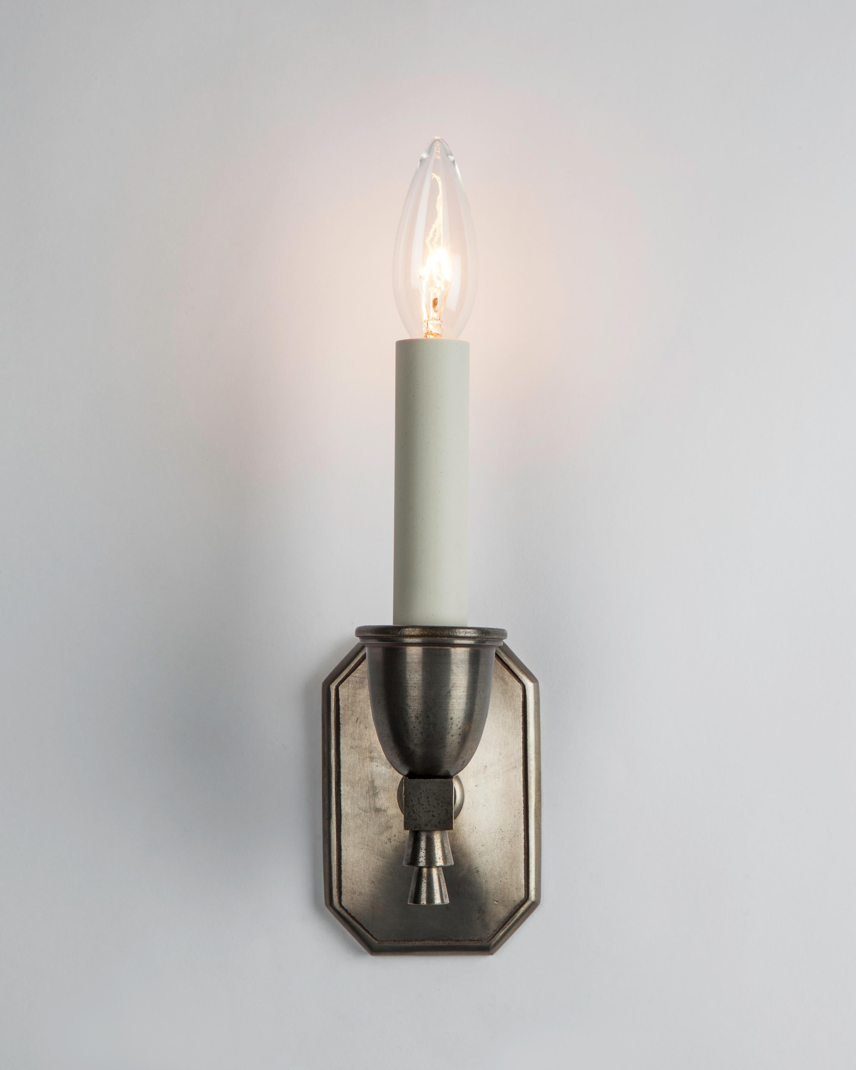 Cast One Arm Art Deco Sconces by Bradley and Hubbard in Aged Nickel, Circa 1930 For Sale