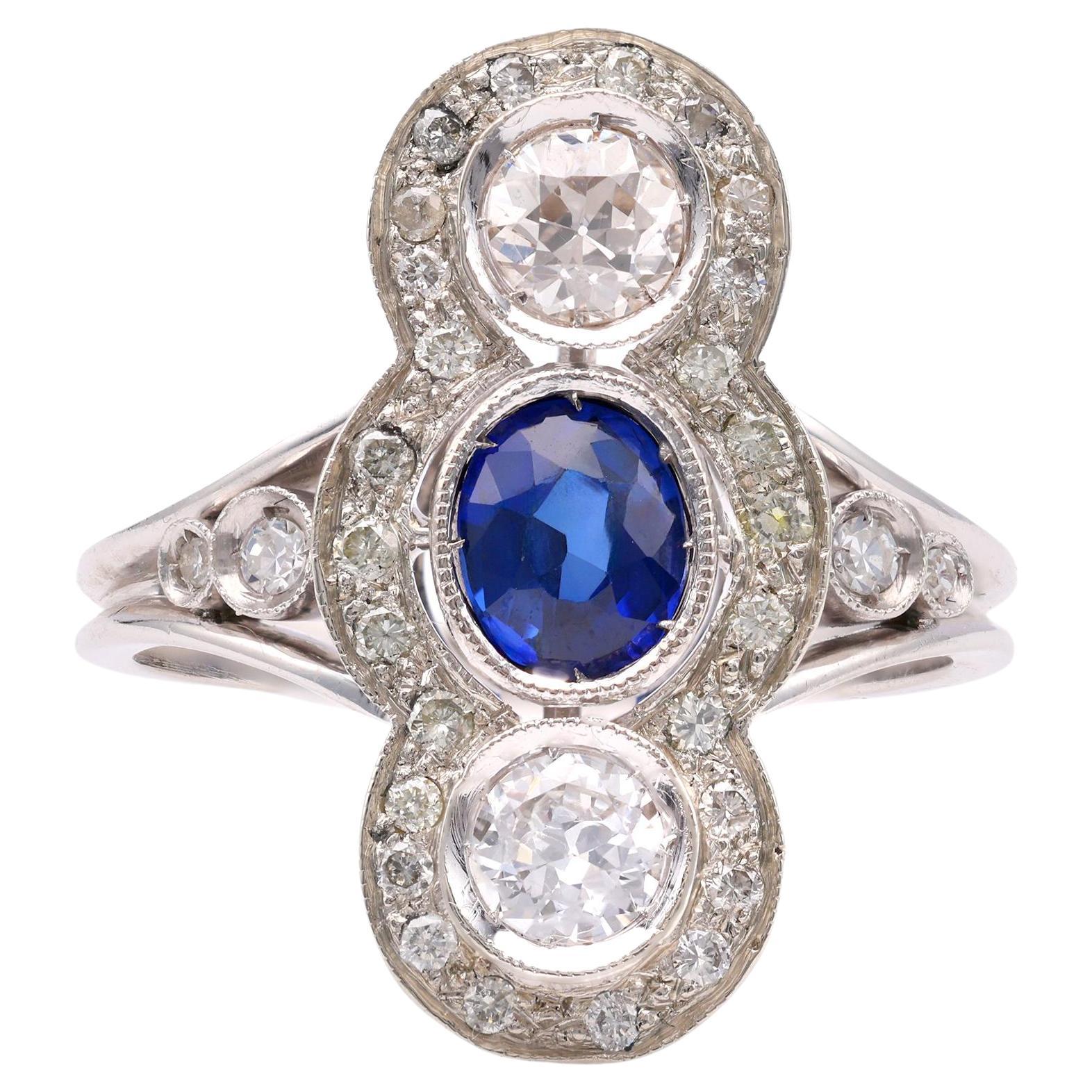 One Art Deco Revival Sapphire Diamond 18k White Gold Ring
