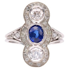 Retro One Art Deco Revival Sapphire Diamond 18k White Gold Ring