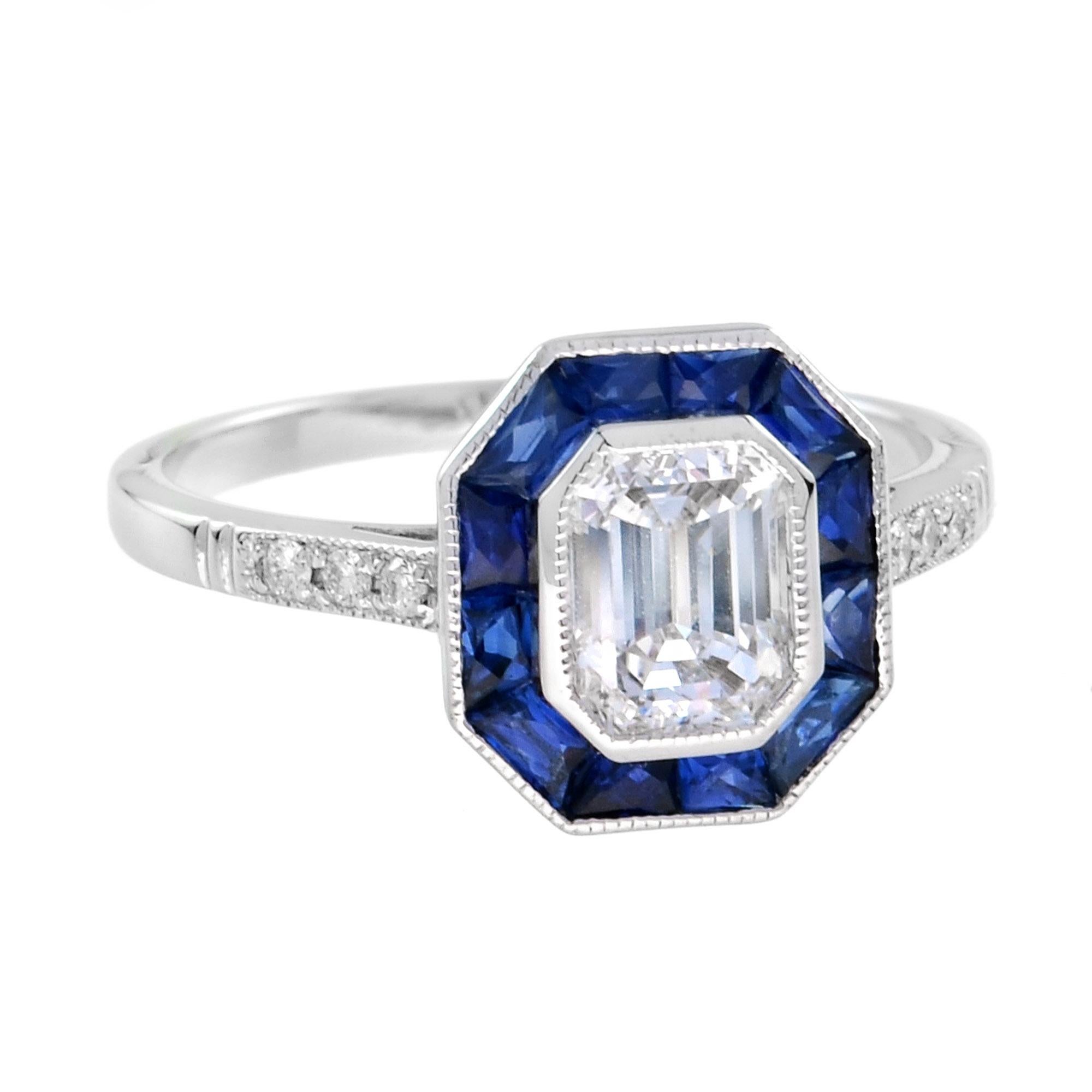 Ein Ring im Art-Déco-Stil mit GIA-zertifiziertem 0,92 Karat Diamant und Saphir (Art déco)