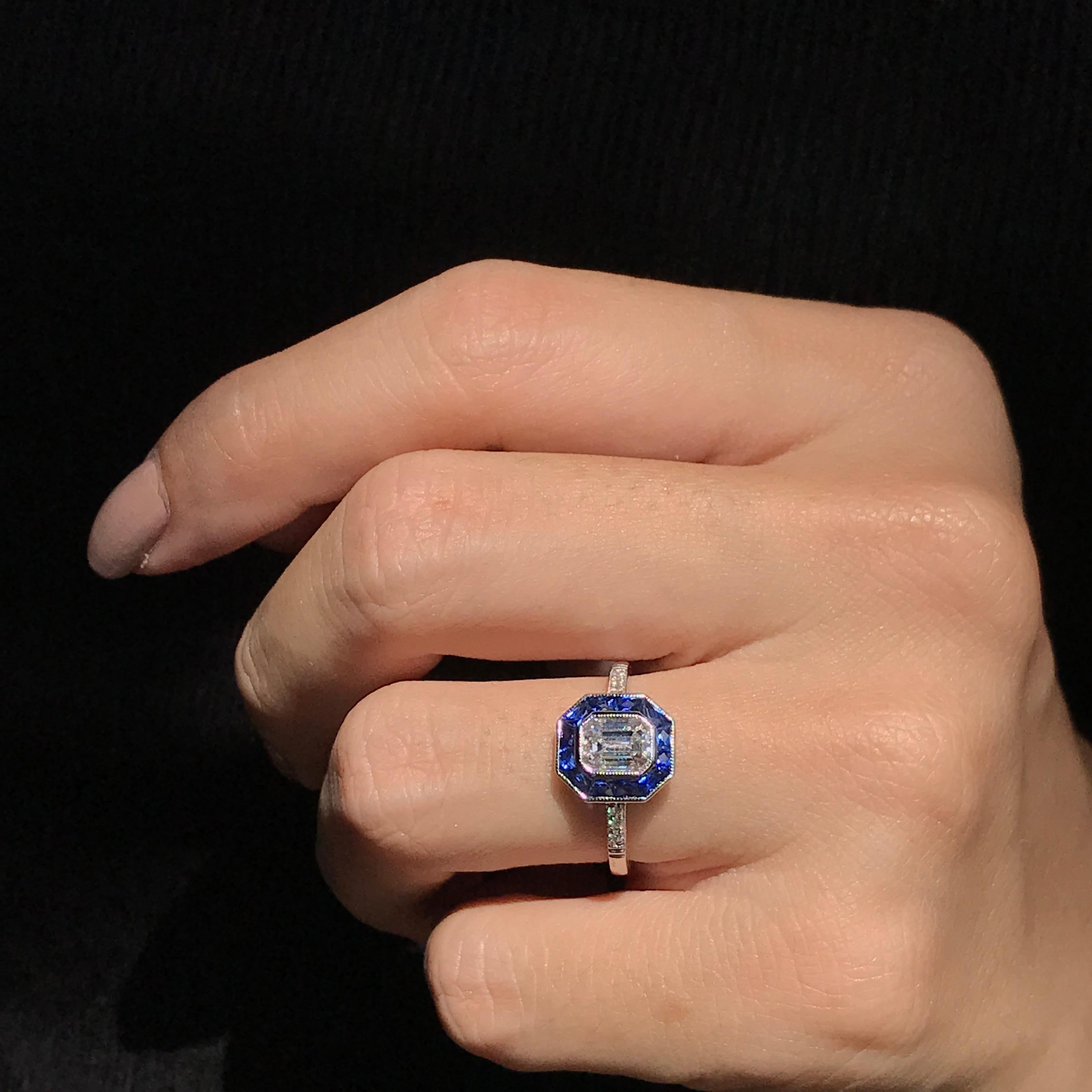 One Art Deco Style GIA Certified 0.92 Carat Diamond with Sapphire Ring  3