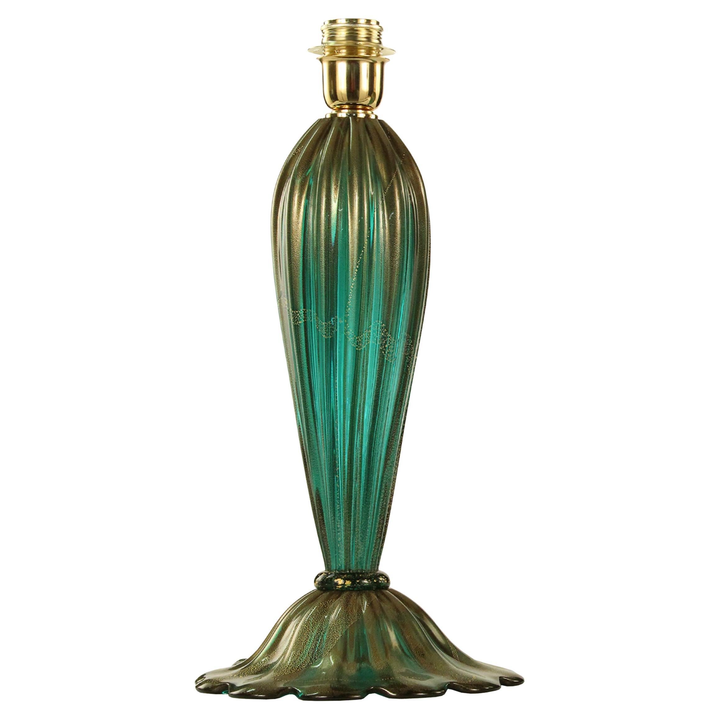 One Artistic Table Lamp, Emerald Colour-Golden Leaf  Murano Glass by Multiforme