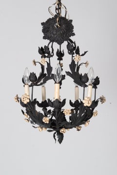 Italian Black Metal Floral Chandelier, Hollywood Regency Style, 1950s
