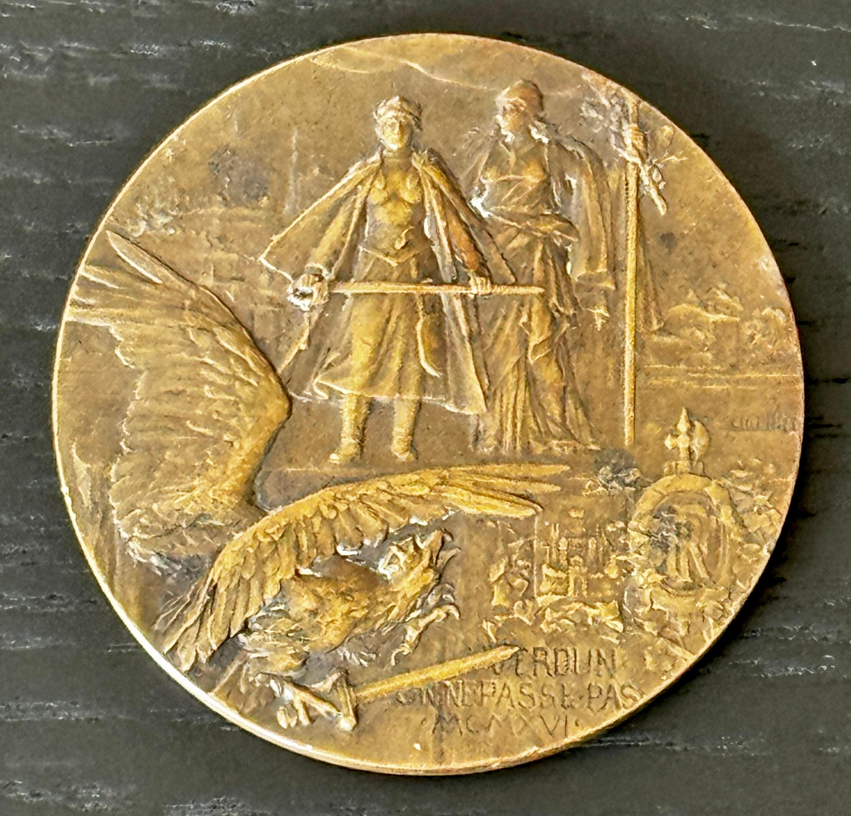 One Bronze Medallion circa 1916 - The Heroes of Verdun Signed by sculptor Charles Pillet

2.75