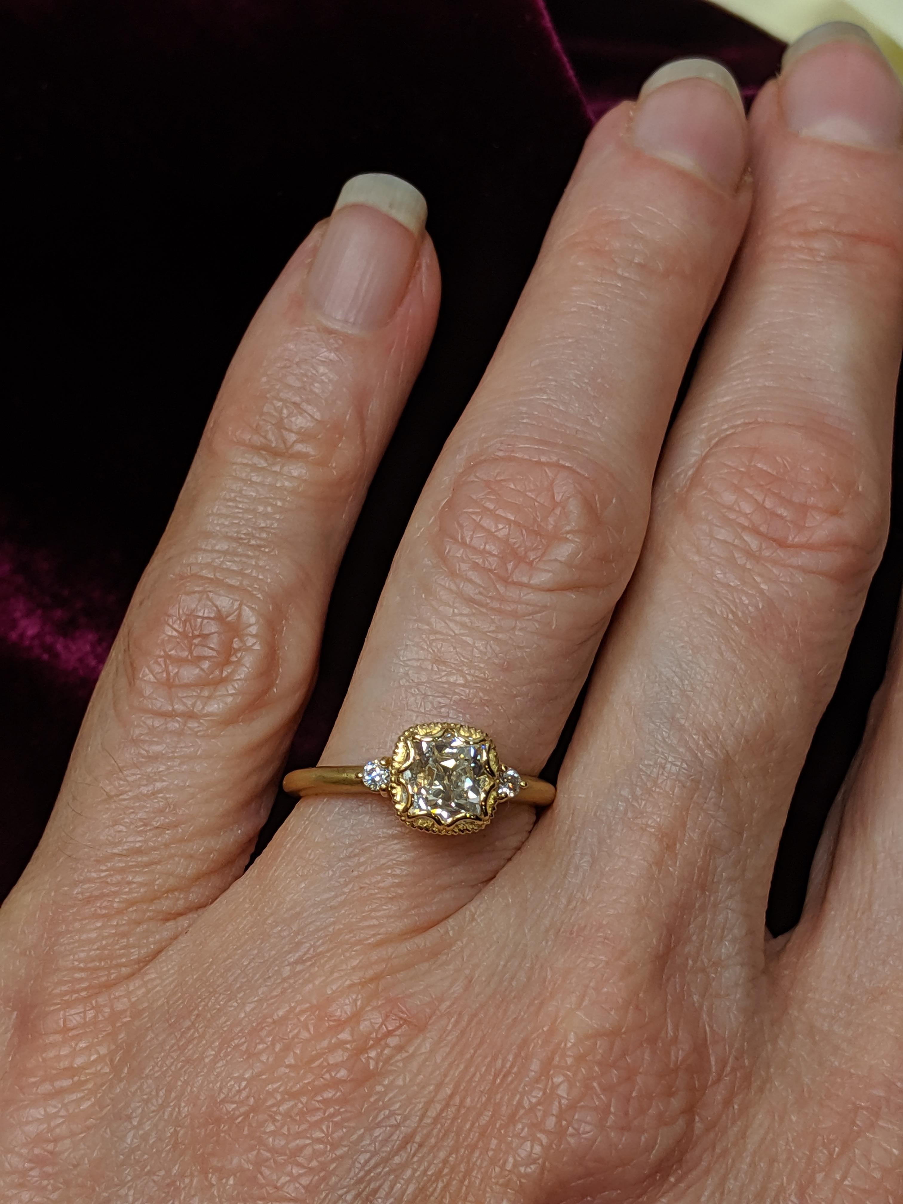 Women's One Carat Antique Cut Cushion Diamond Ring in 18 Karat Yellow Gold, GIA