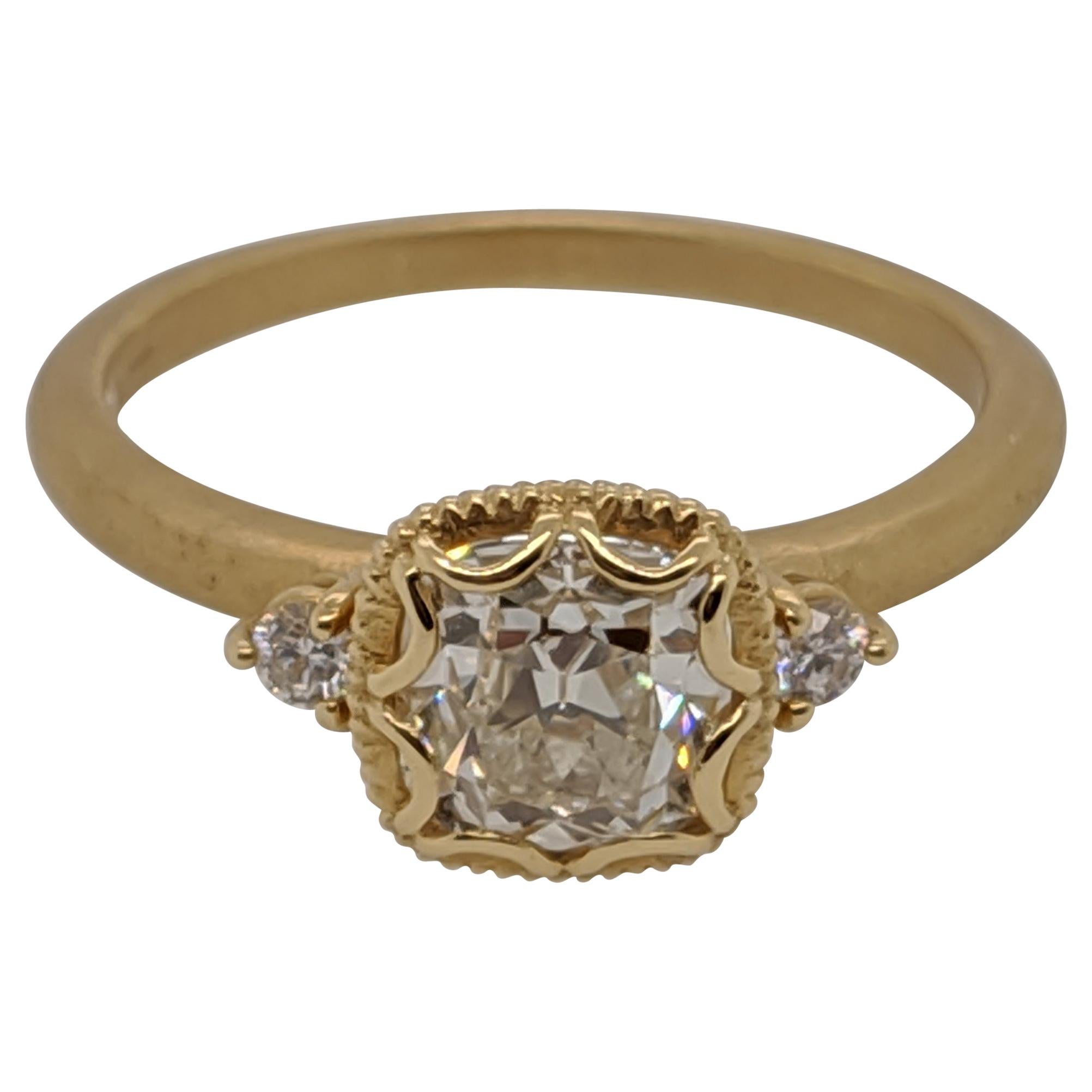 One Carat Antique Cut Cushion Diamond Ring in 18 Karat Yellow Gold, GIA