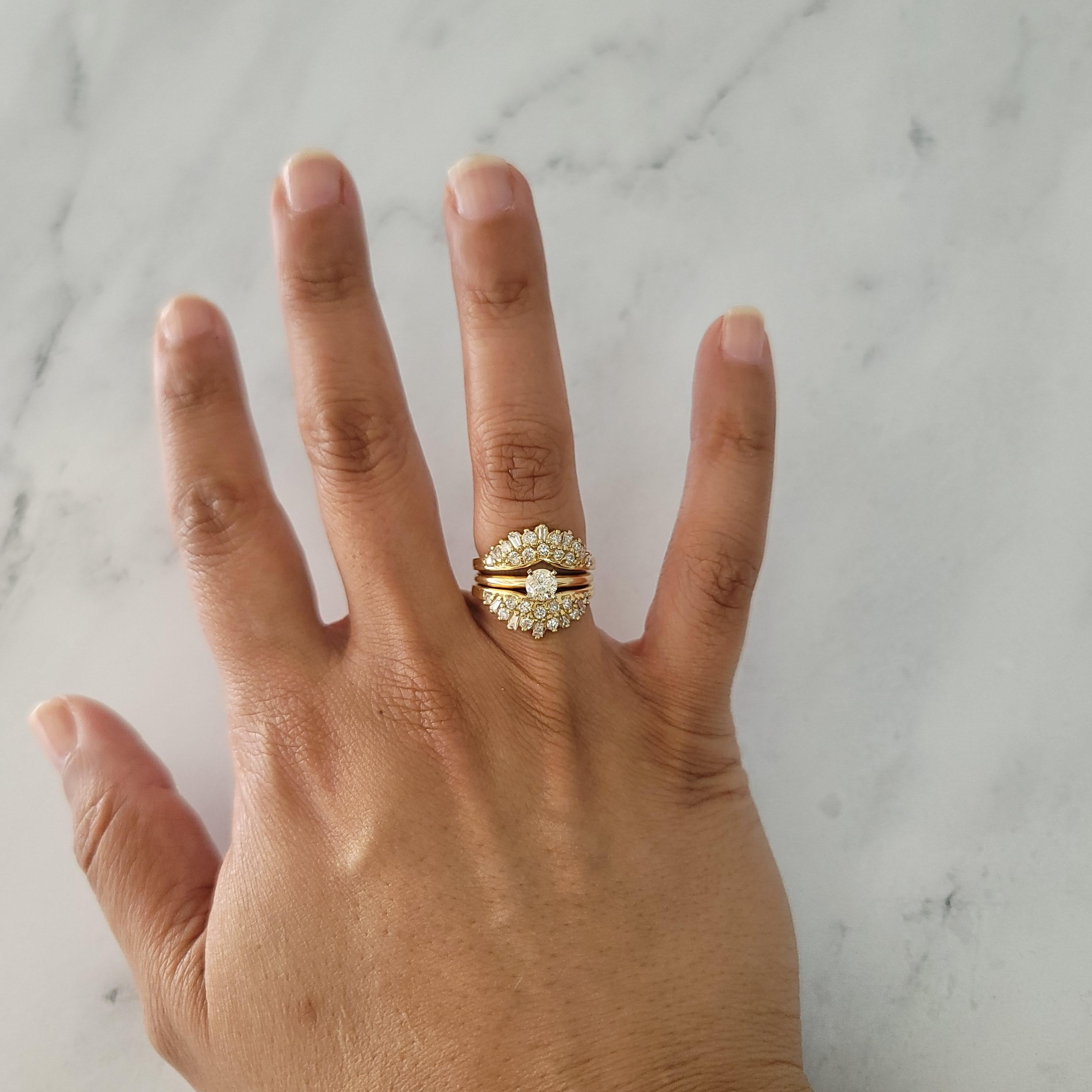 ♥ Ring Summary ♥

Main Stone: Diamond
Approx. Carat Weight: 1.05cttw
Diamond Clarity: SI1/SI2
Diamond Color: G/H
Stone Cut: Round & Tapered Baguette
Band Material: 14k Yellow Gold
Gap Measurement: 5mm
Dimension Height: 18mm
Weight: 6 grams