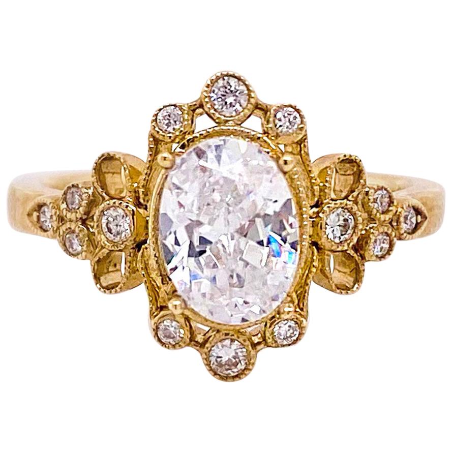 One Carat Diamond Engagement Ring, Fancy Halo, 14 Karat Gold, Oval Vintage For Sale