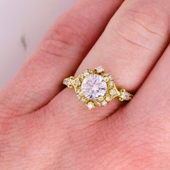 One Carat Diamond Engagement Ring, Fancy Halo, 14 Karat Gold, Round Brilliant