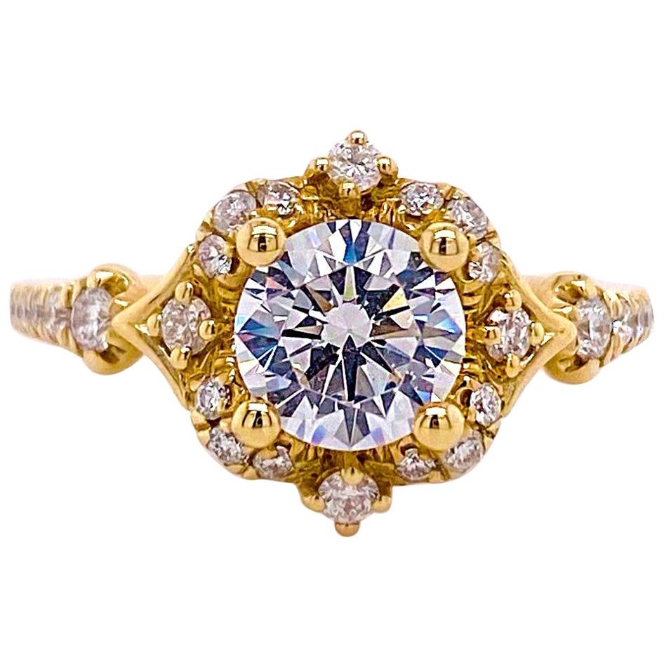 Anello di fidanzamento con diamante da un carato, aureola fantasia, oro 14 carati, brillante rotondo