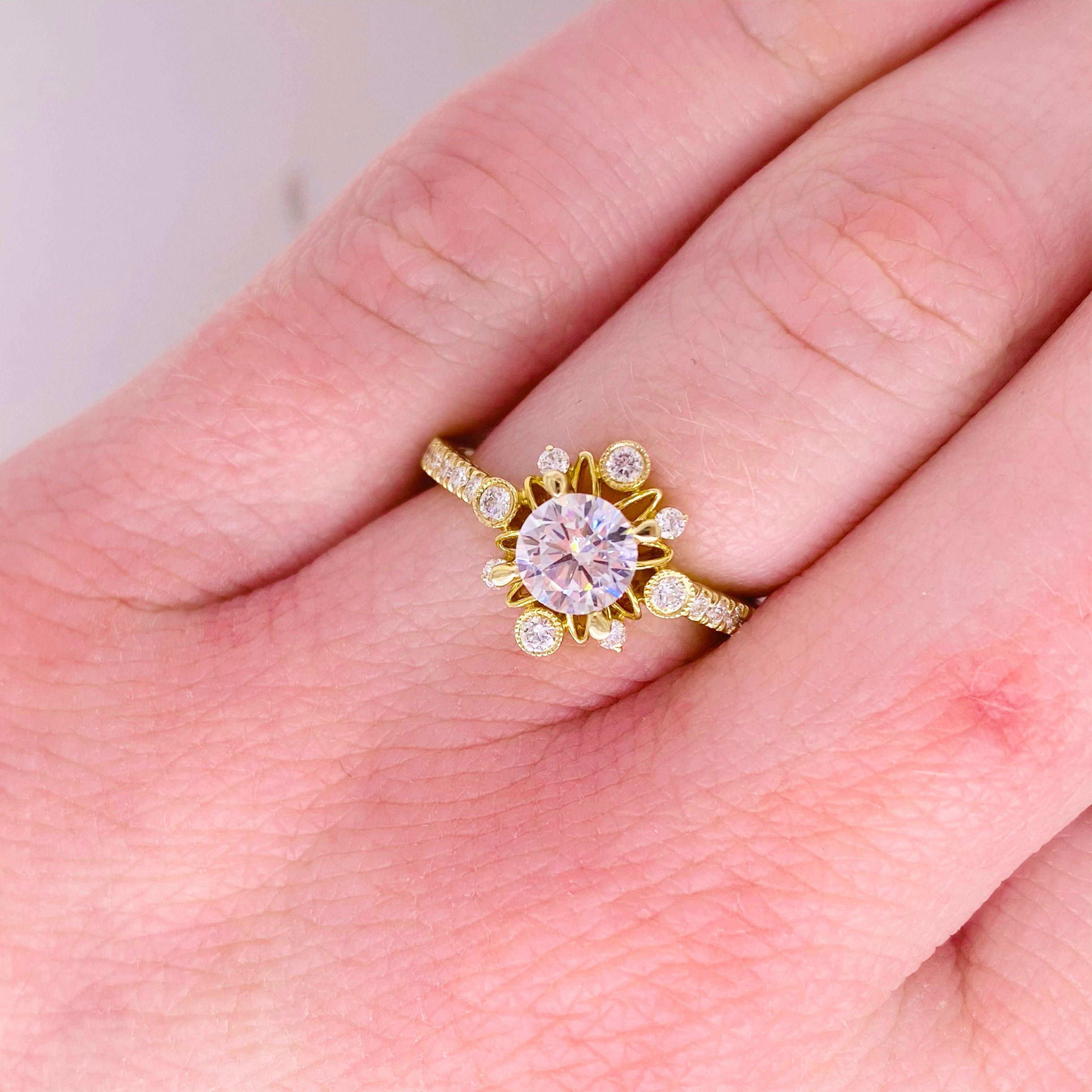 For Sale:  One Carat Diamond Engagement Ring, Fancy Halo, Yellow Gold, Round Brilliant 2