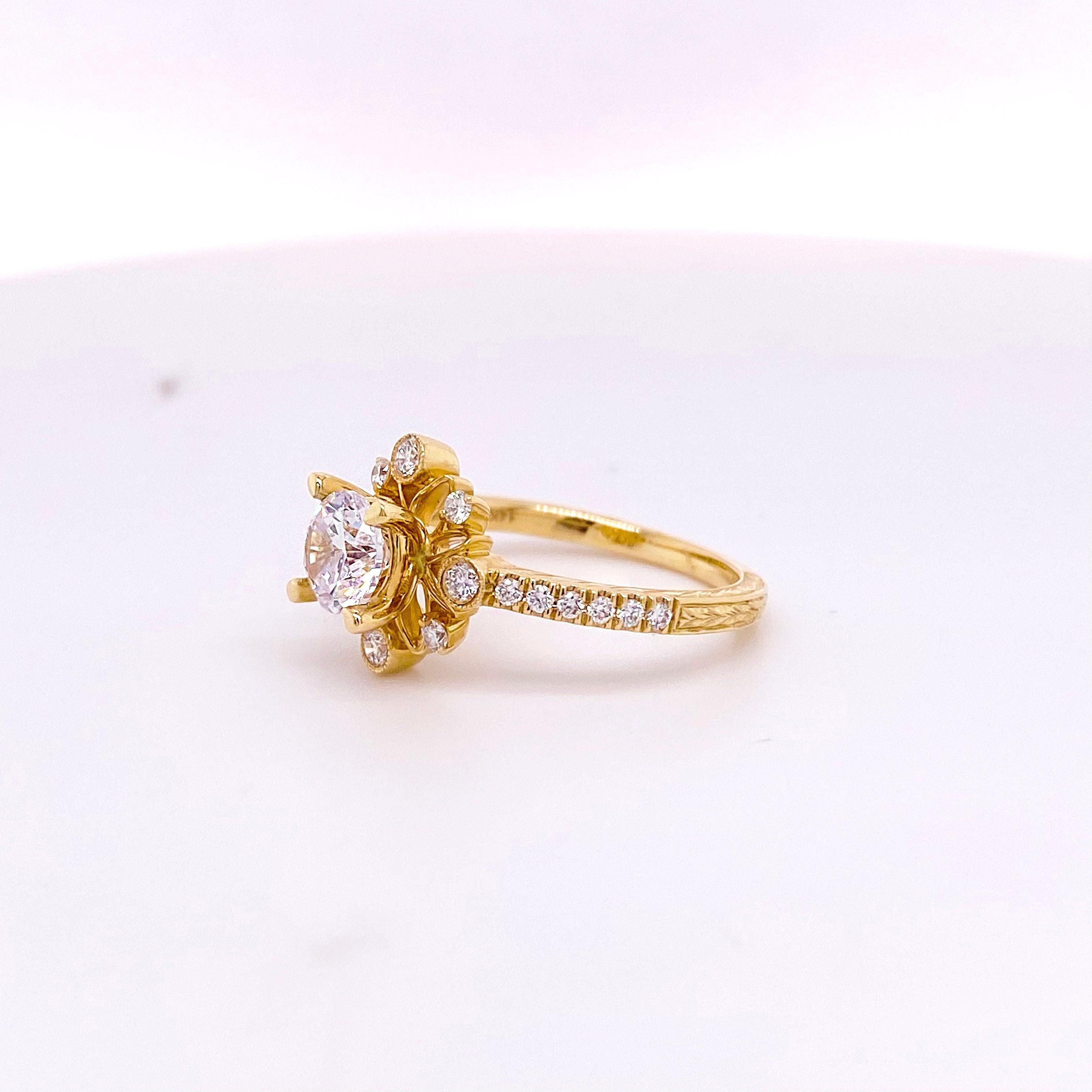 For Sale:  One Carat Diamond Engagement Ring, Fancy Halo, Yellow Gold, Round Brilliant 3