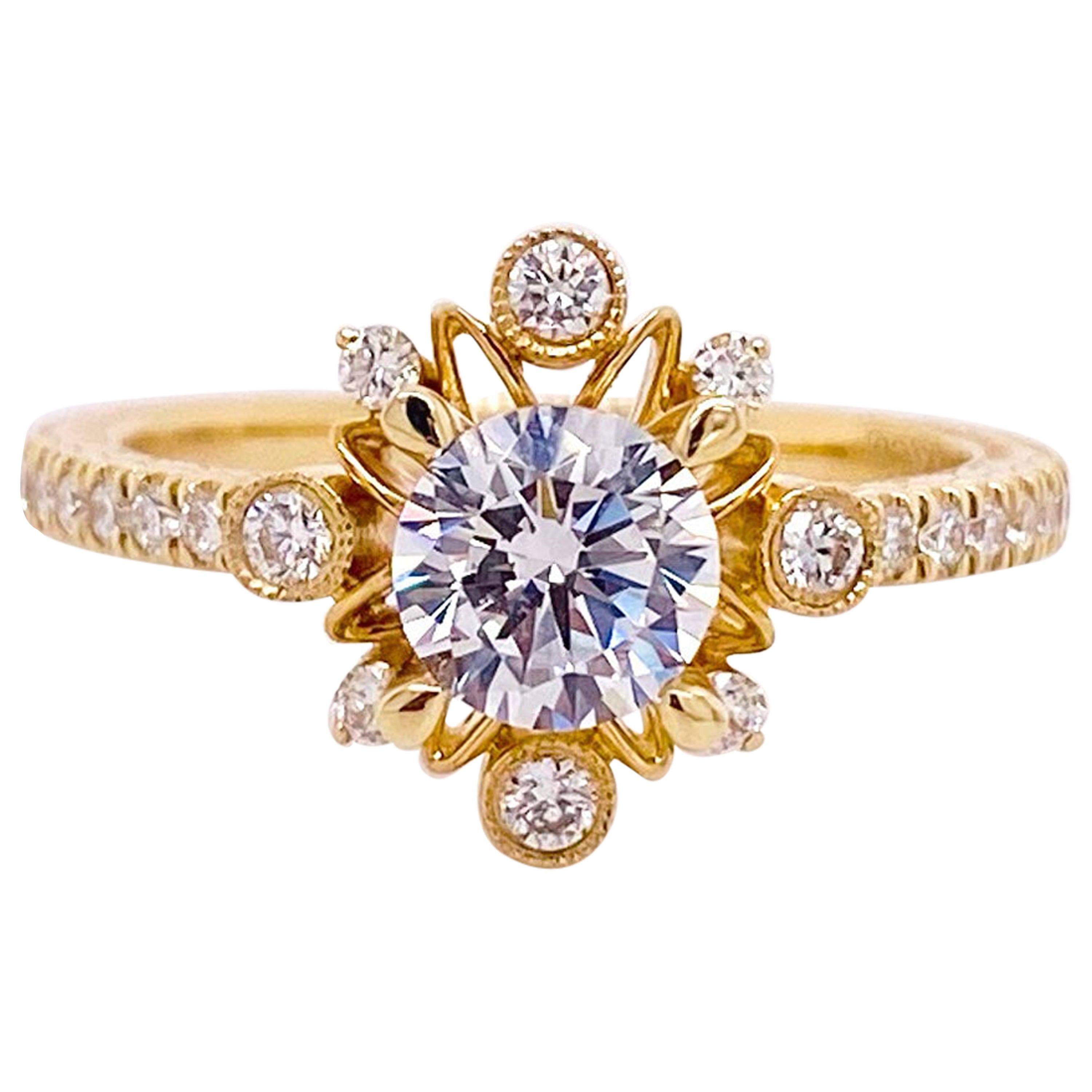 For Sale:  One Carat Diamond Engagement Ring, Fancy Halo, Yellow Gold, Round Brilliant