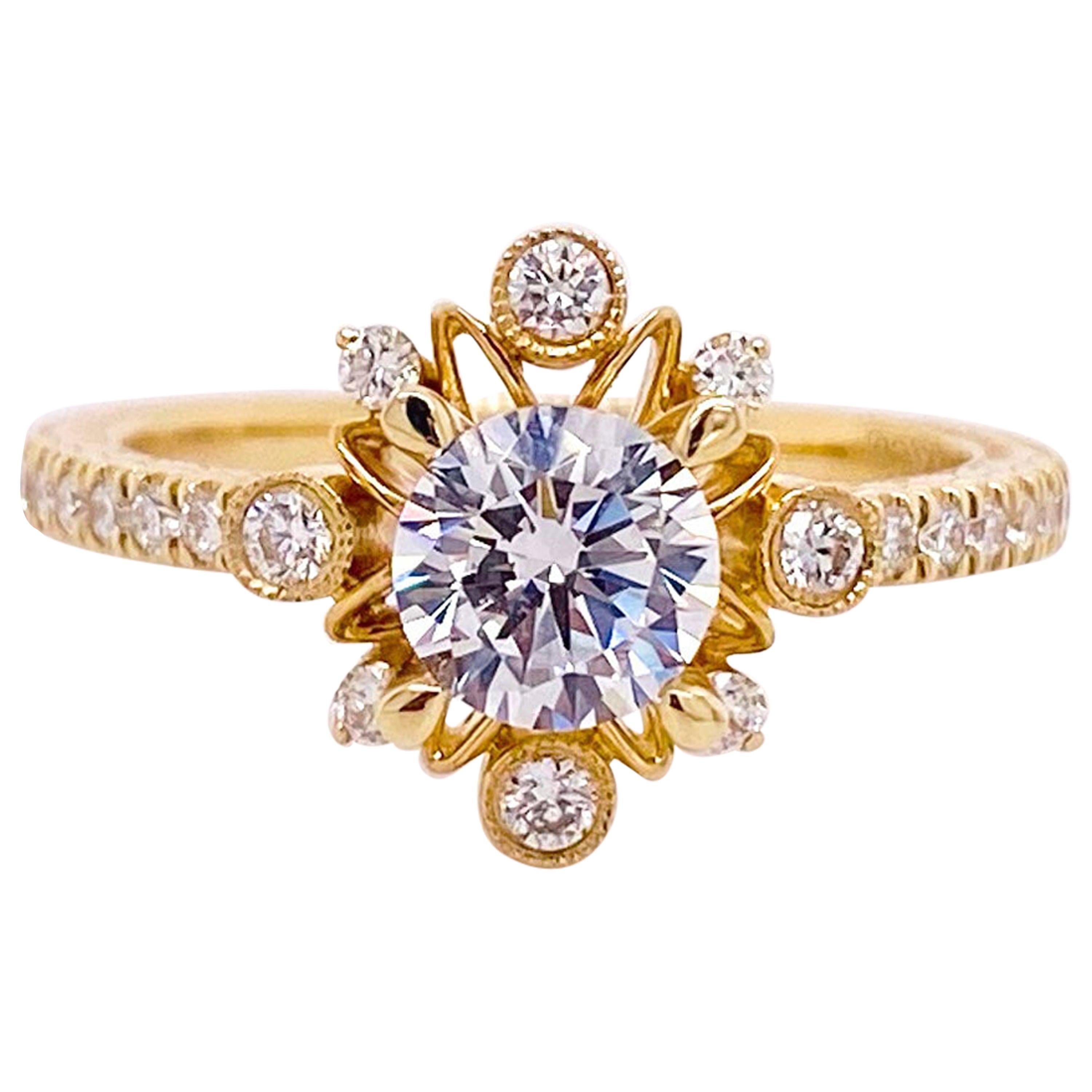 Bague de fiançailles avec diamant d'un carat, halo fantaisie, or jaune, brillant rond