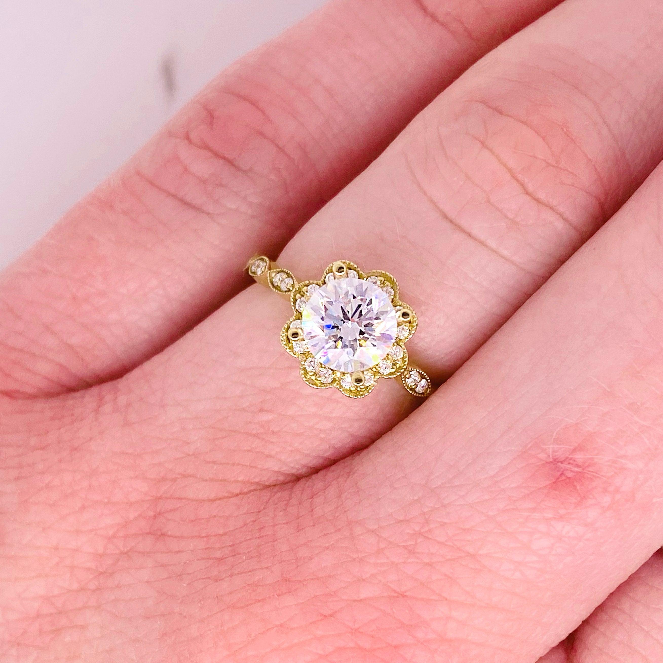 For Sale:  One Carat Diamond Engagement Ring, Flower Halo, Yellow Gold, Nature Inspired 2