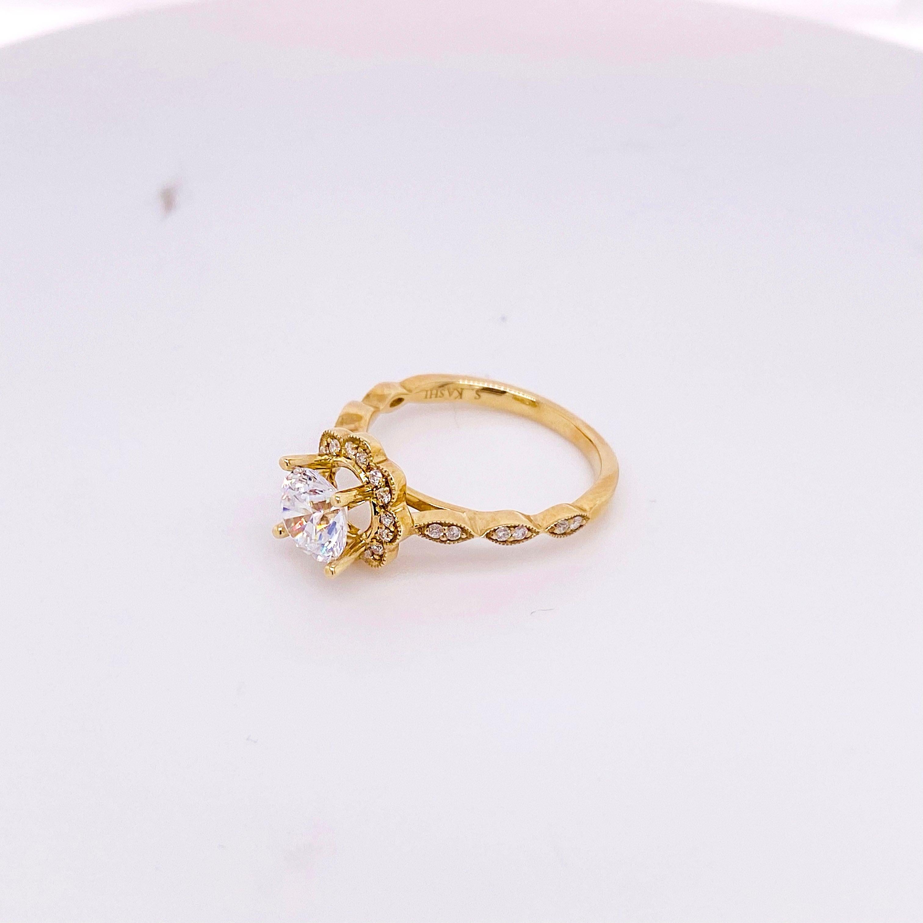 For Sale:  One Carat Diamond Engagement Ring, Flower Halo, Yellow Gold, Nature Inspired 3