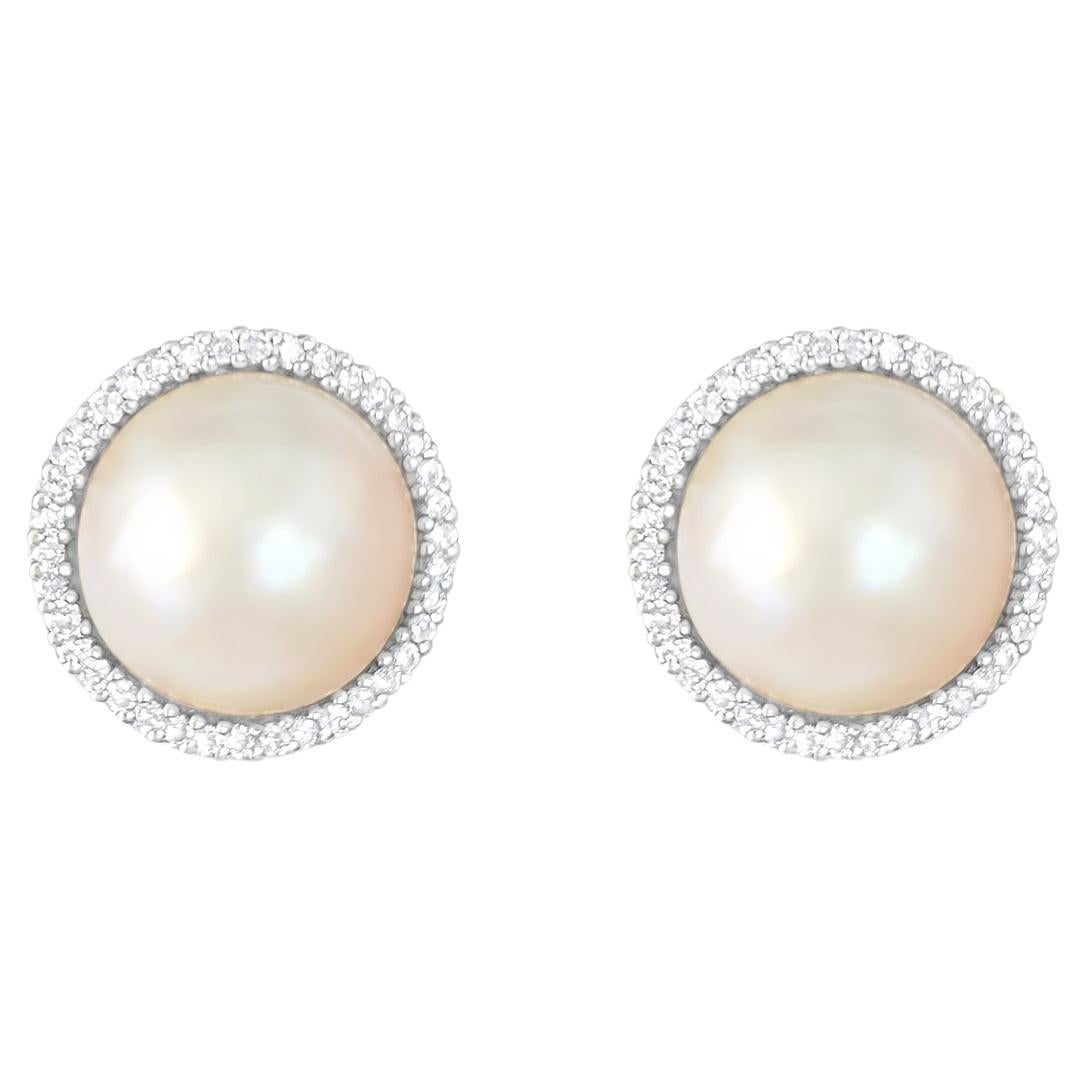 One Carat Freshwater Pearl Diamond Halo Clip on Earrings 14k White Gold For Sale