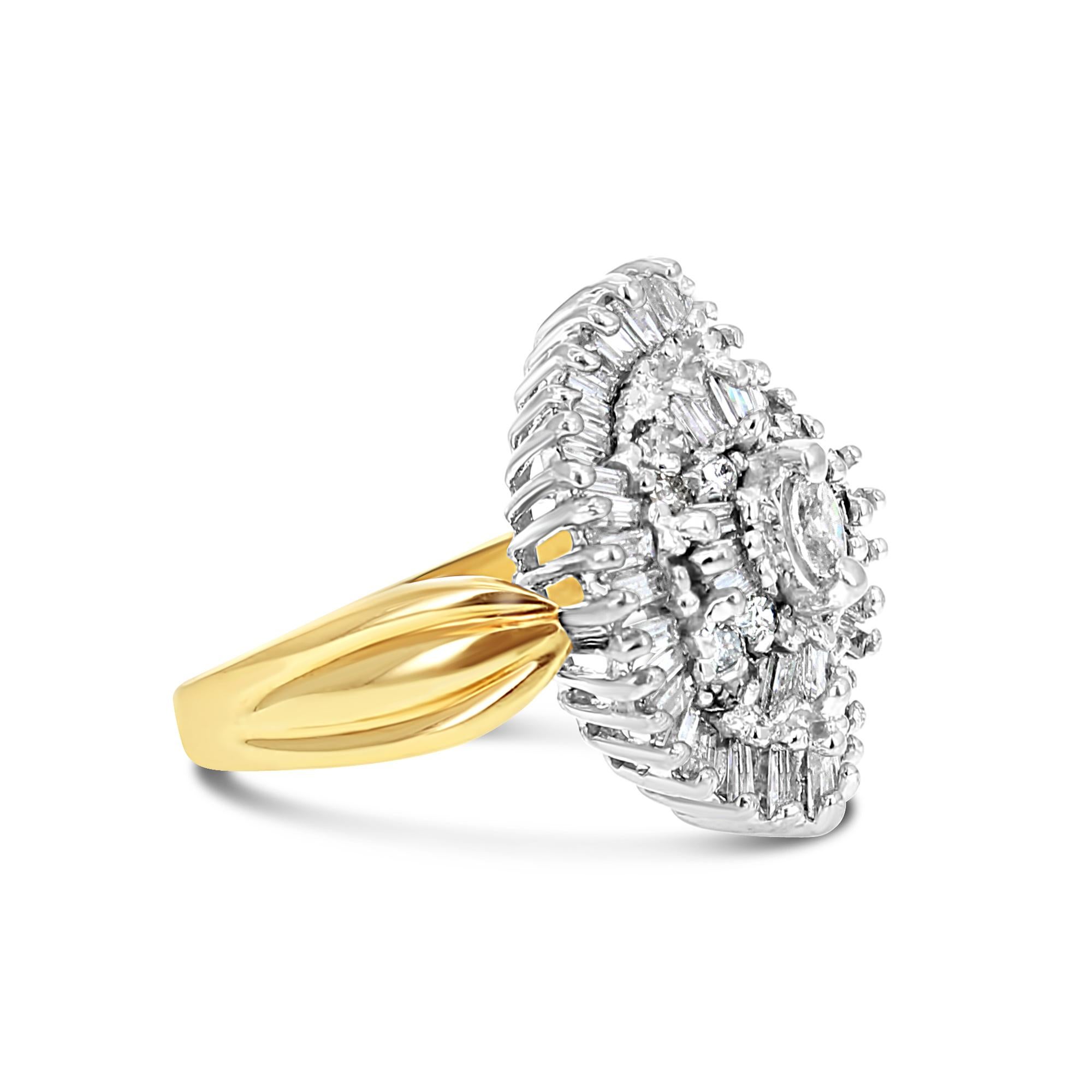 ♥ Product Summary ♥

Main Stone: Diamond
Approx. Diamond Carat Weight: 1.00cttw
Diamond Clarity: SI2/SI3
Diamond Color: I
Diamond Cut: Marquise, Tapered Baguette & Round
Total Amount of Stones: 57
Band Material: 14k Yellow Gold