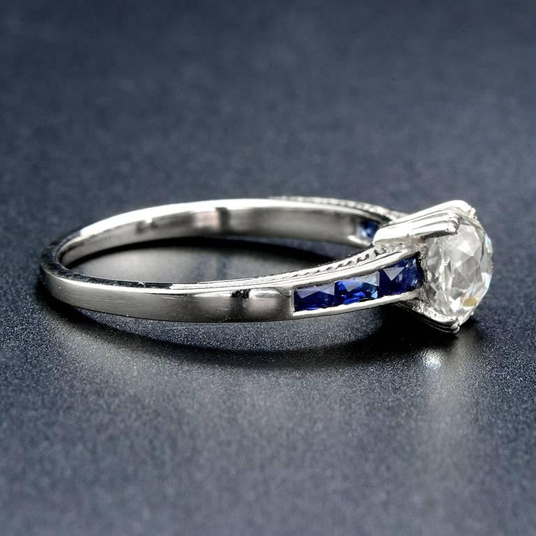 Art Deco 1 Carat Old European Cut Diamond Sapphire Cocktail Ring