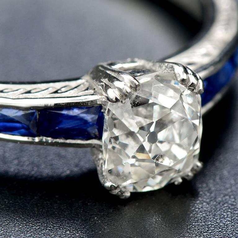 Women's 1 Carat Old European Cut Diamond Sapphire Cocktail Ring