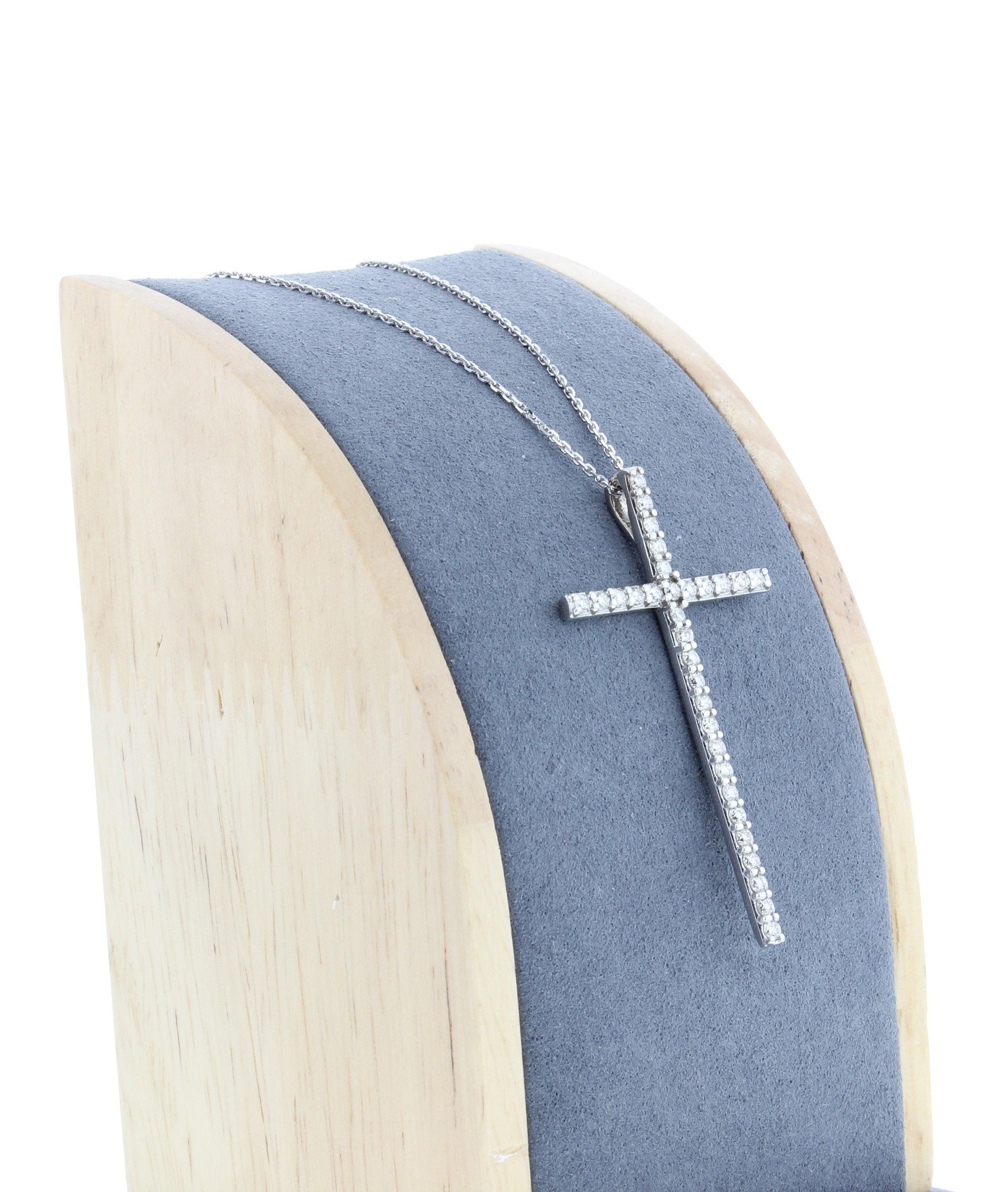 Round Cut One Carat Tall Skinny Diamond Cross Necklace For Sale