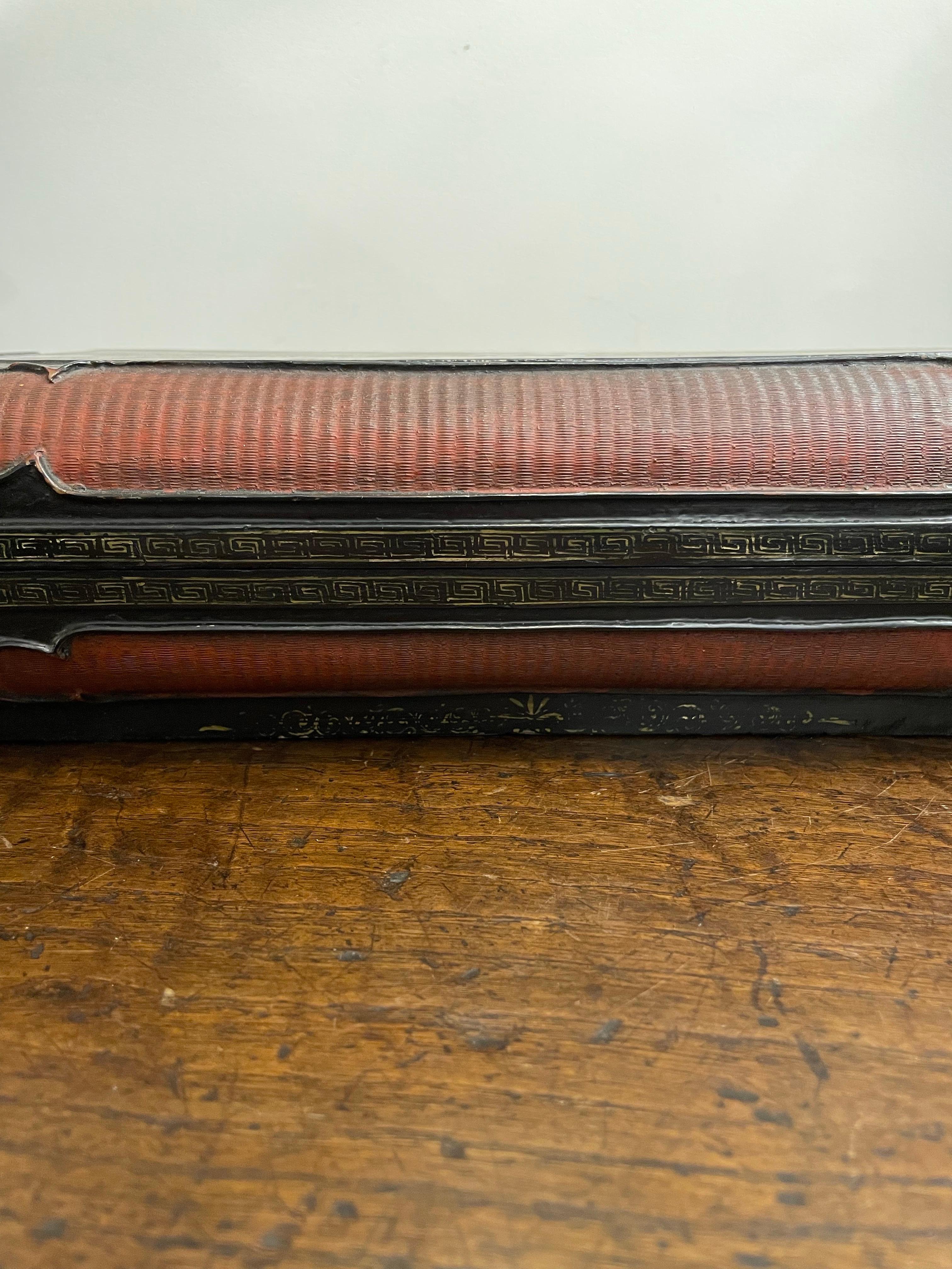 One Chinese Black Lacquer Rectangular Lidded Jewelry box, Late 19th Century

Provenance: Private Melbourne Collection.

Dimensions: Width: 37cm Height: 10.5cm Depth: 20.5cm. 