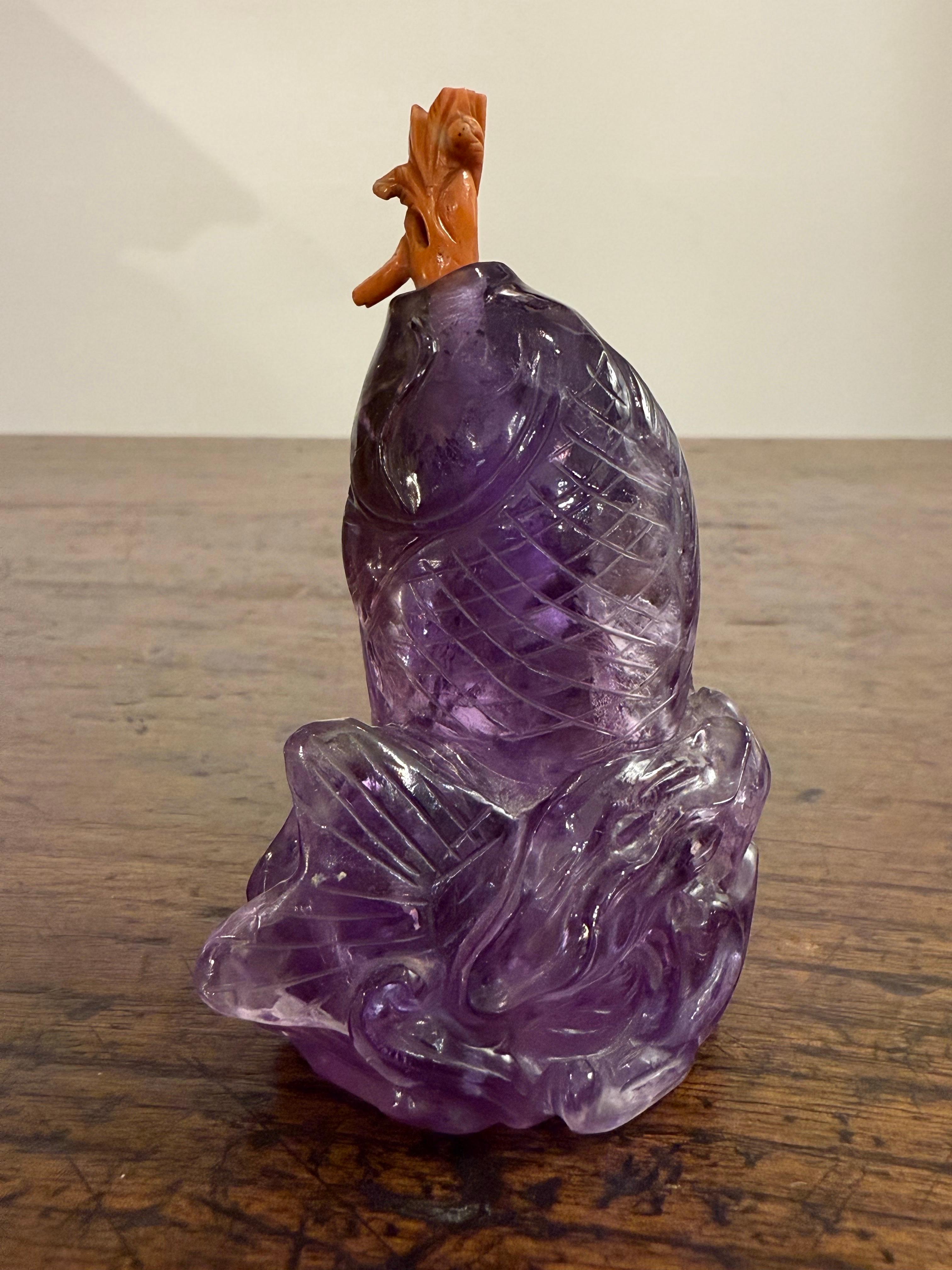 Hand-Carved One Chinese Carved Carp Amethyst Snuff bottle, 18th Century For Sale