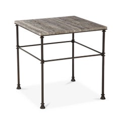 One Custom Made Sofa End Table, Bronze Legs and Bleu Océan Color Travertine Top
