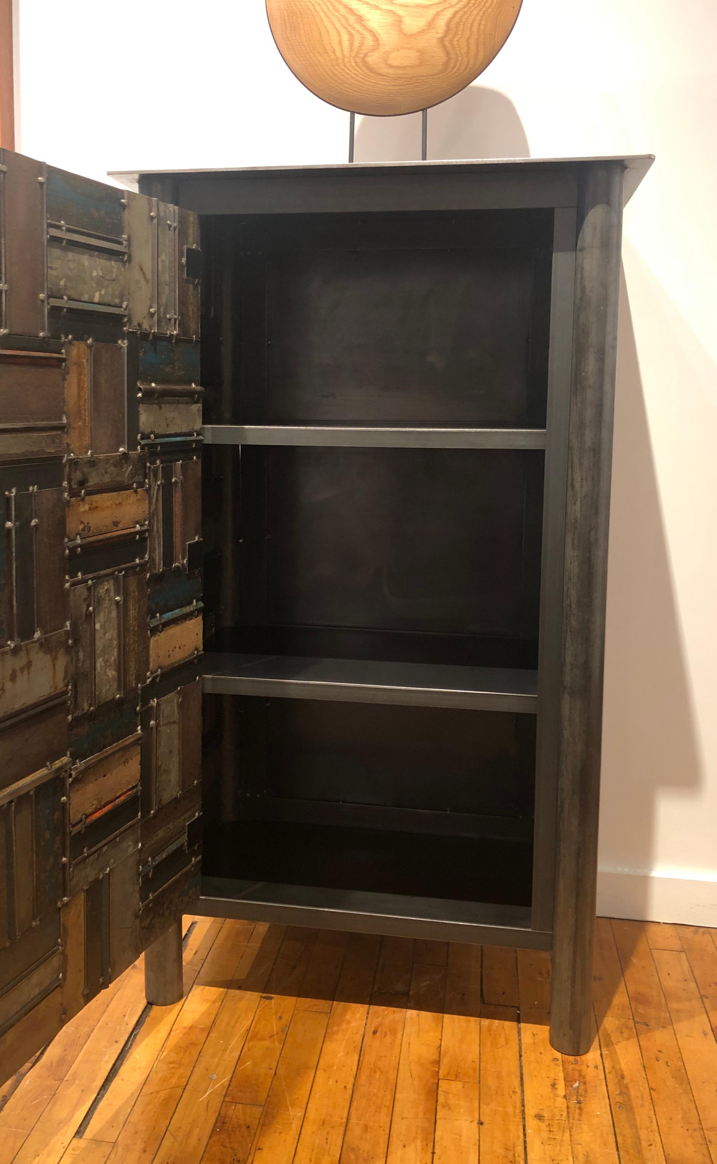 Jim Rose One Door Blue Green Basket Weave Quilt Cupboard, Steel Art Furniture In New Condition In Chicago, IL