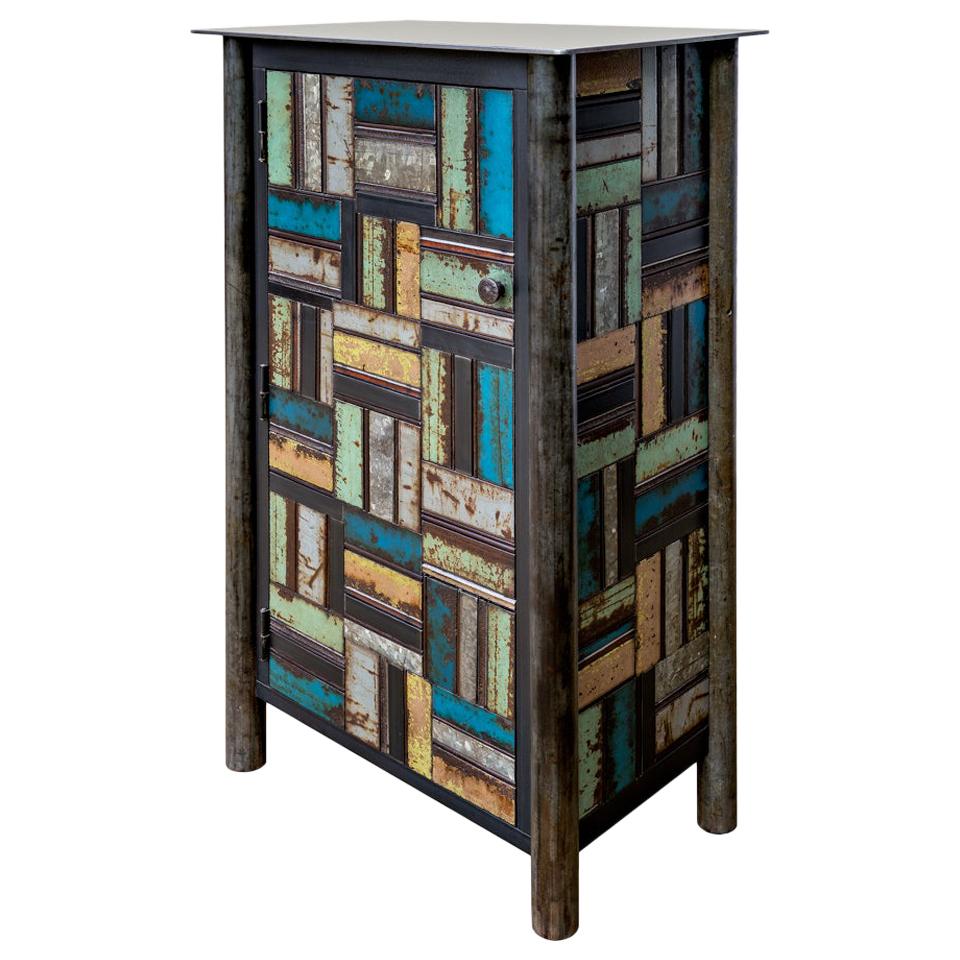 Jim Rose One Door Blue Green Basket Weave Quilt Cupboard, Steel Art Furniture