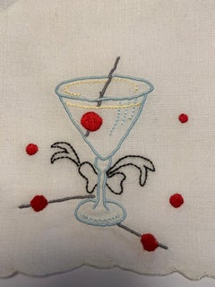One Dozen 1950's Embroidered Linen Cocktail Napkins with A Perfect Manhattan