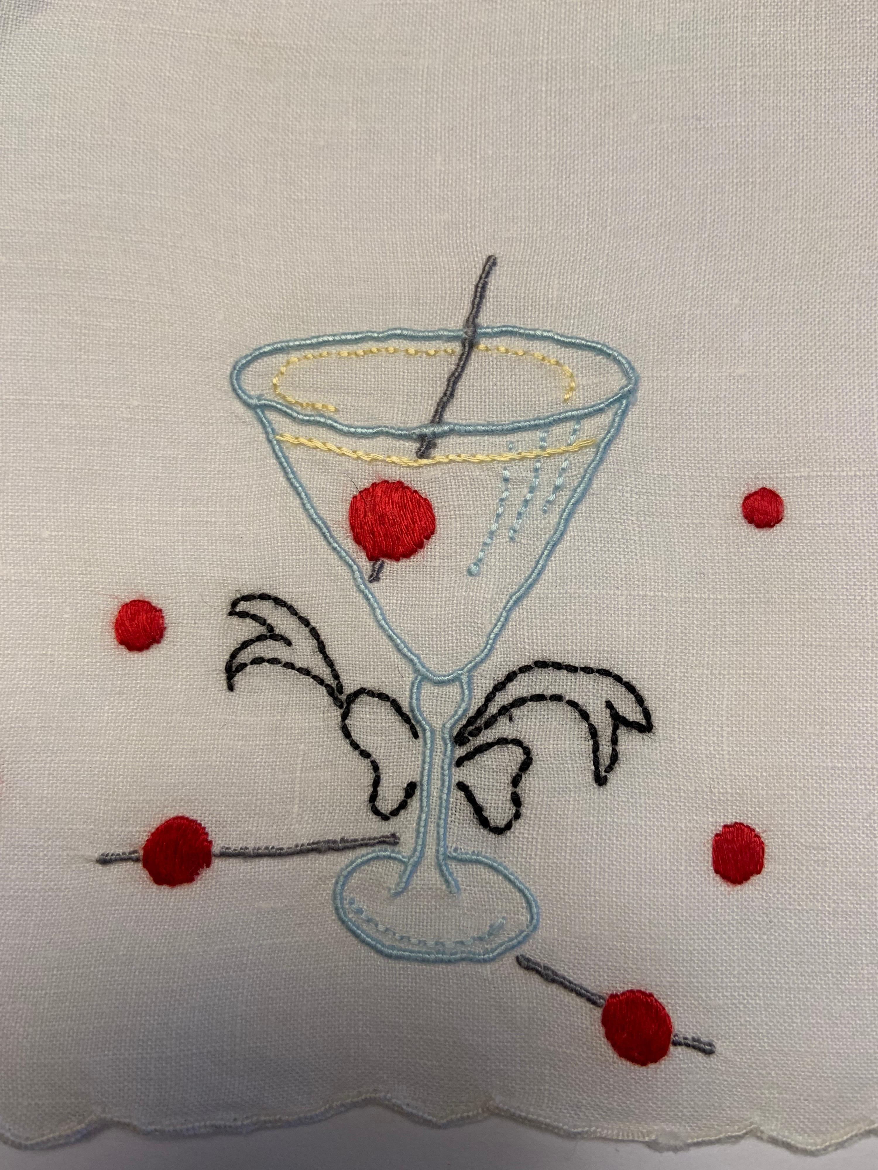 One Dozen 1950's Embroidered Linen Cocktail Napkins with A Perfect Manhattan In Excellent Condition In New Hope, PA