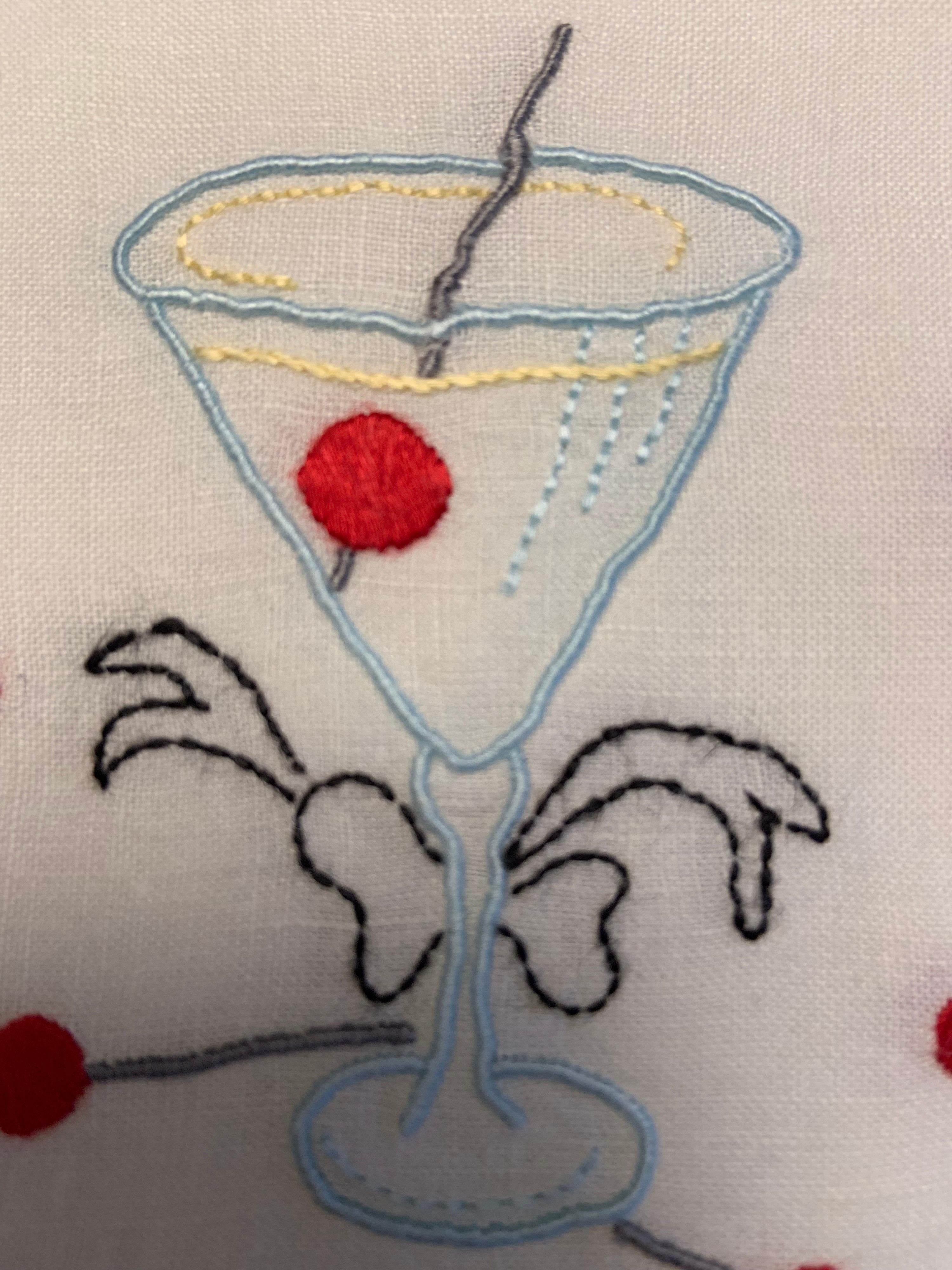 Women's or Men's One Dozen 1950's Embroidered Linen Cocktail Napkins with A Perfect Manhattan