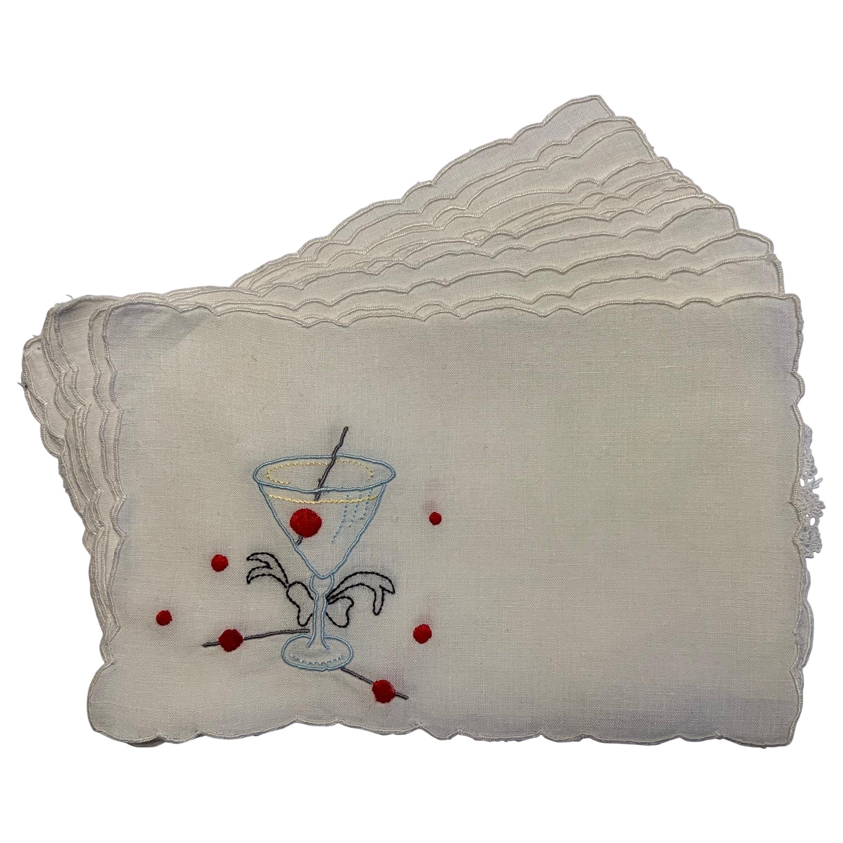 One Dozen 1950's Embroidered Linen Cocktail Napkins with A Perfect Manhattan