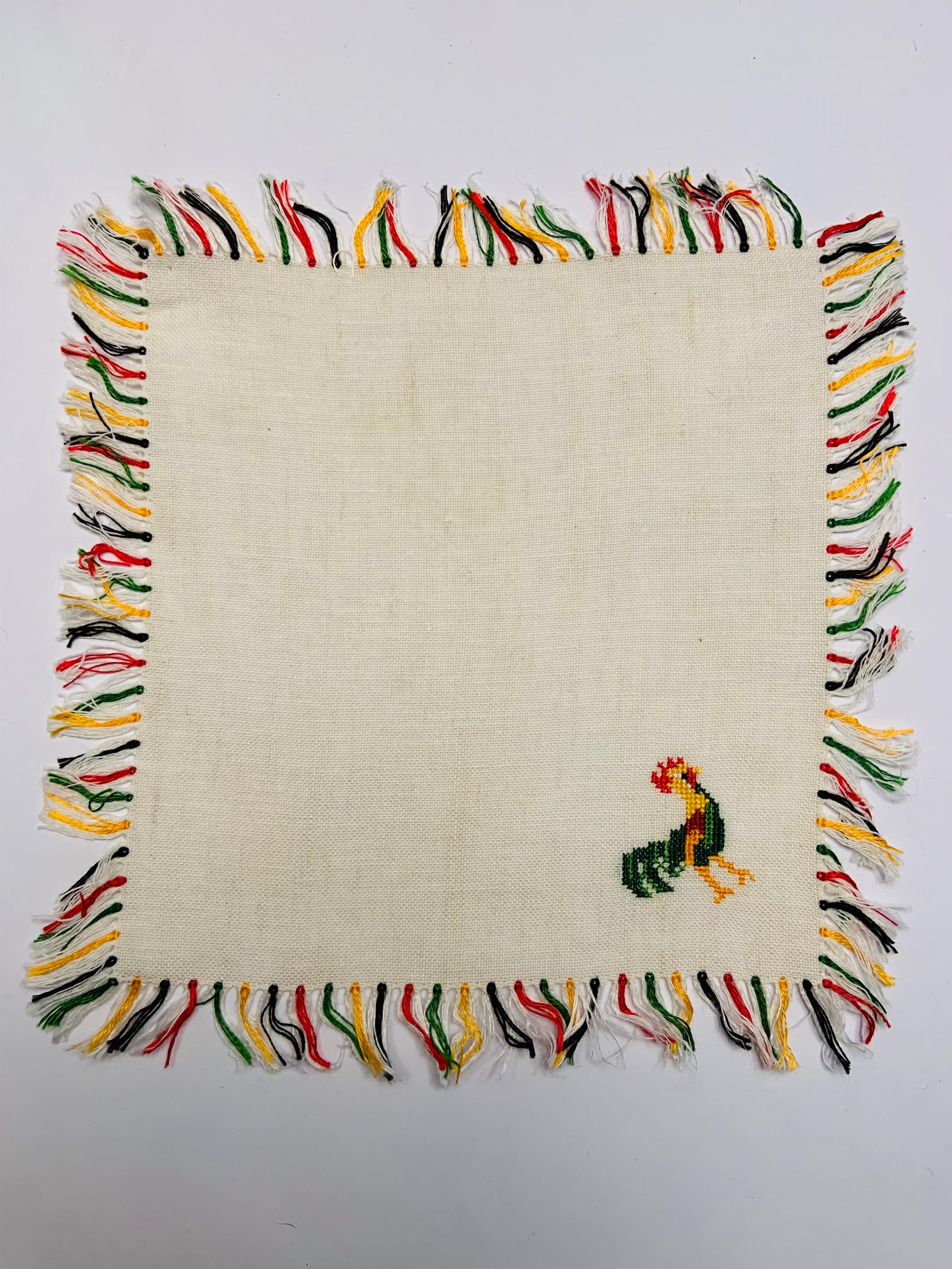 One Dozen 1950's Linen Cocktail Napkins Multi Color Cockerel and Fringe  In Excellent Condition In New Hope, PA