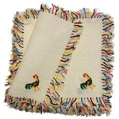 One Dozen 1950's Linen Cocktail Napkins Multi Color Cockerel and Fringe