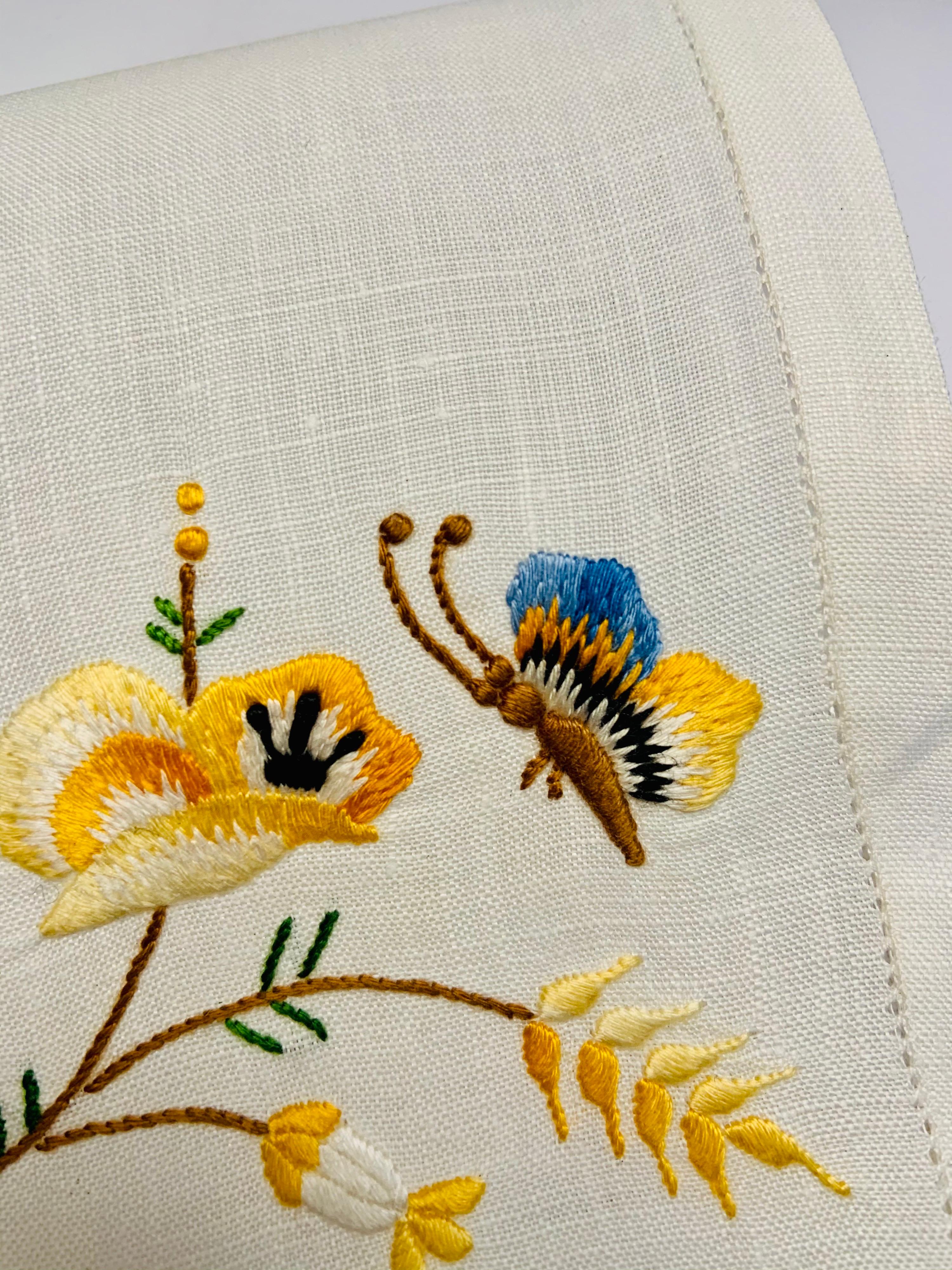Beige One Dozen Linen Cocktail Napkins with Silk Embroidered Flowers and Butterflies
