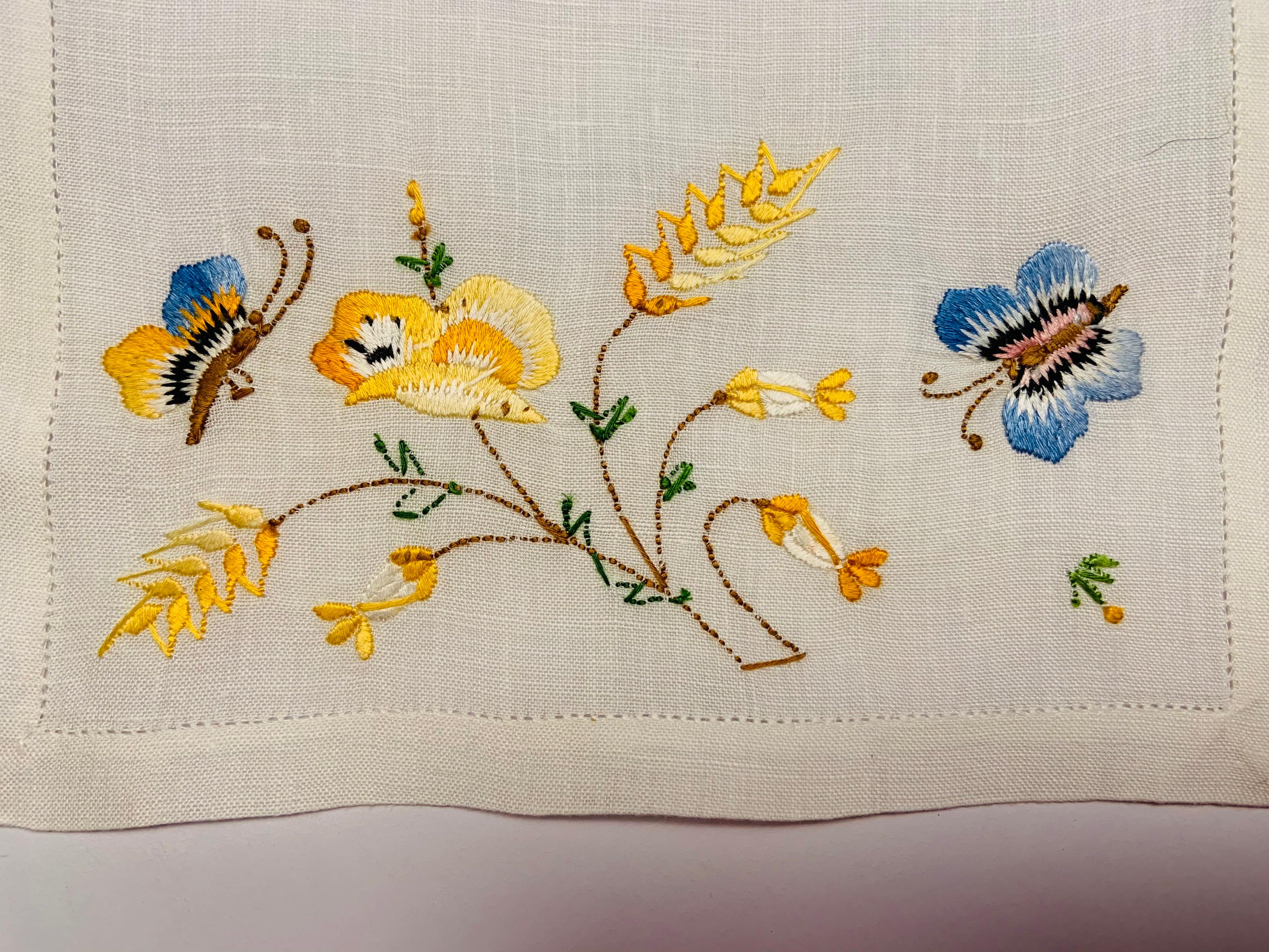 One Dozen Linen Cocktail Napkins with Silk Embroidered Flowers and Butterflies In New Condition In New Hope, PA