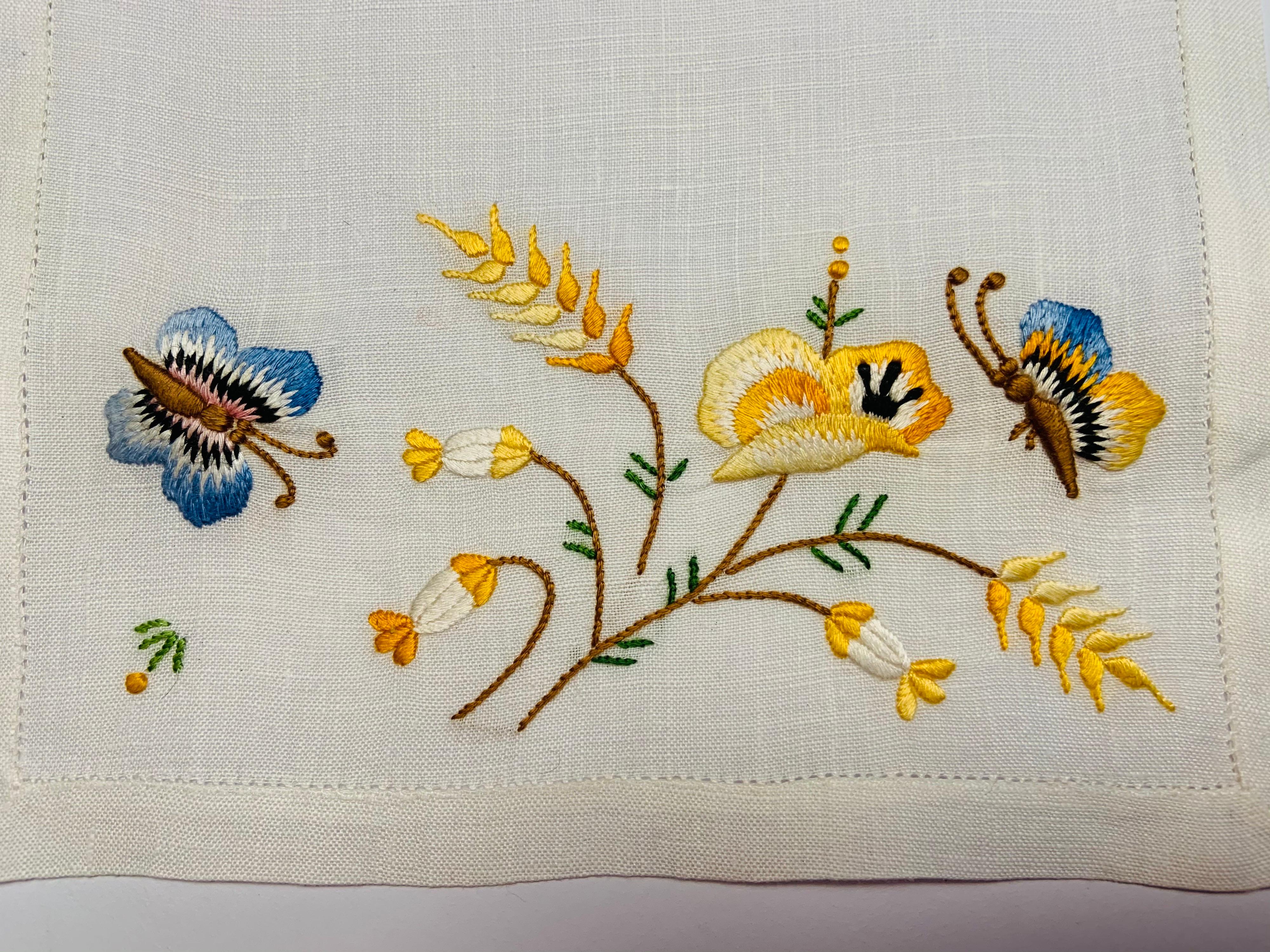 Women's or Men's One Dozen Linen Cocktail Napkins with Silk Embroidered Flowers and Butterflies