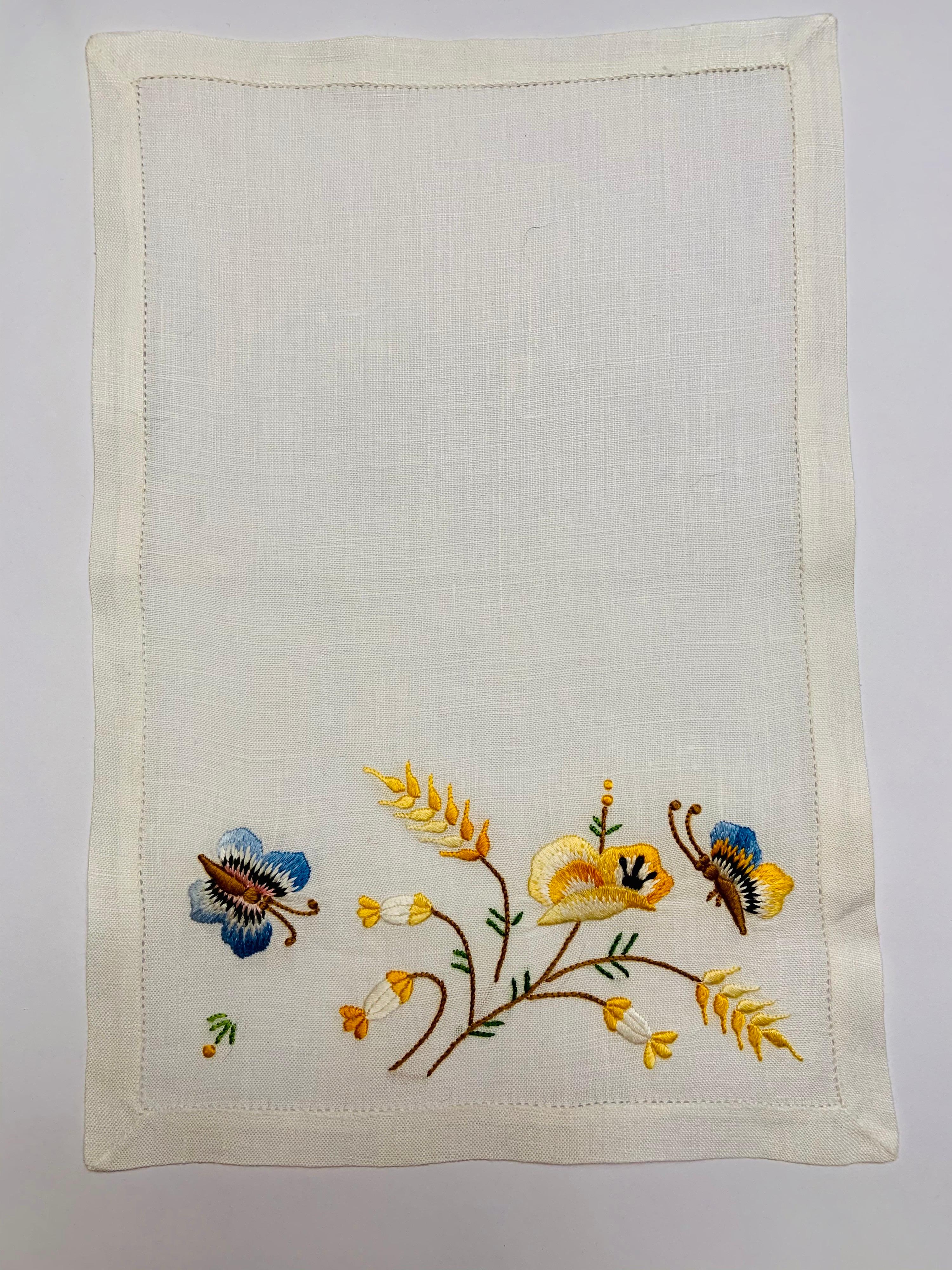 One Dozen Linen Cocktail Napkins with Silk Embroidered Flowers and Butterflies 1